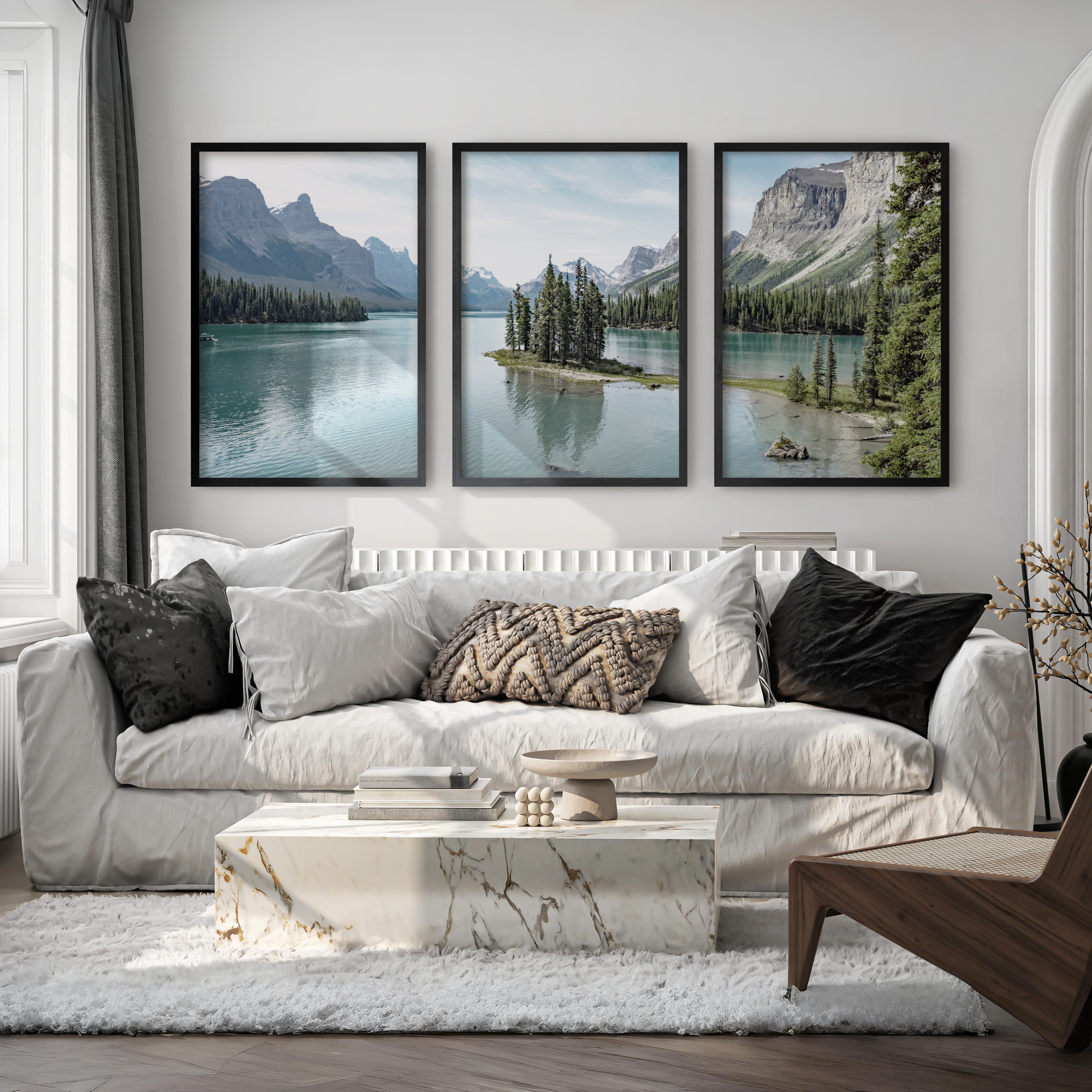 Jasper National Park Mountain Lake Triptych. Canada Nature - Black Framed Poster No Border - Artworksets