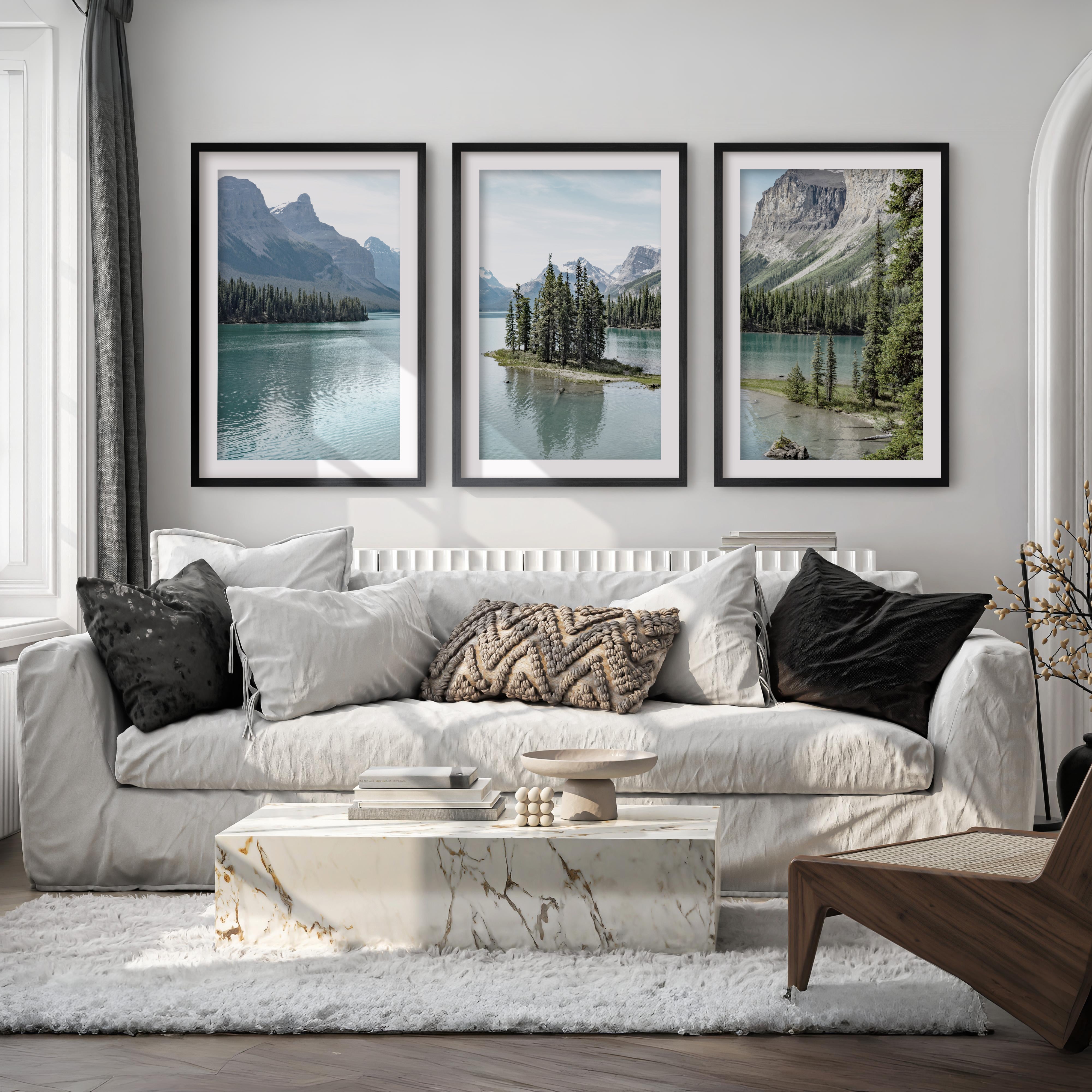 Jasper National Park Mountain Lake Triptych. Canada Nature - Black Framed Poster with White Border - Artworksets
