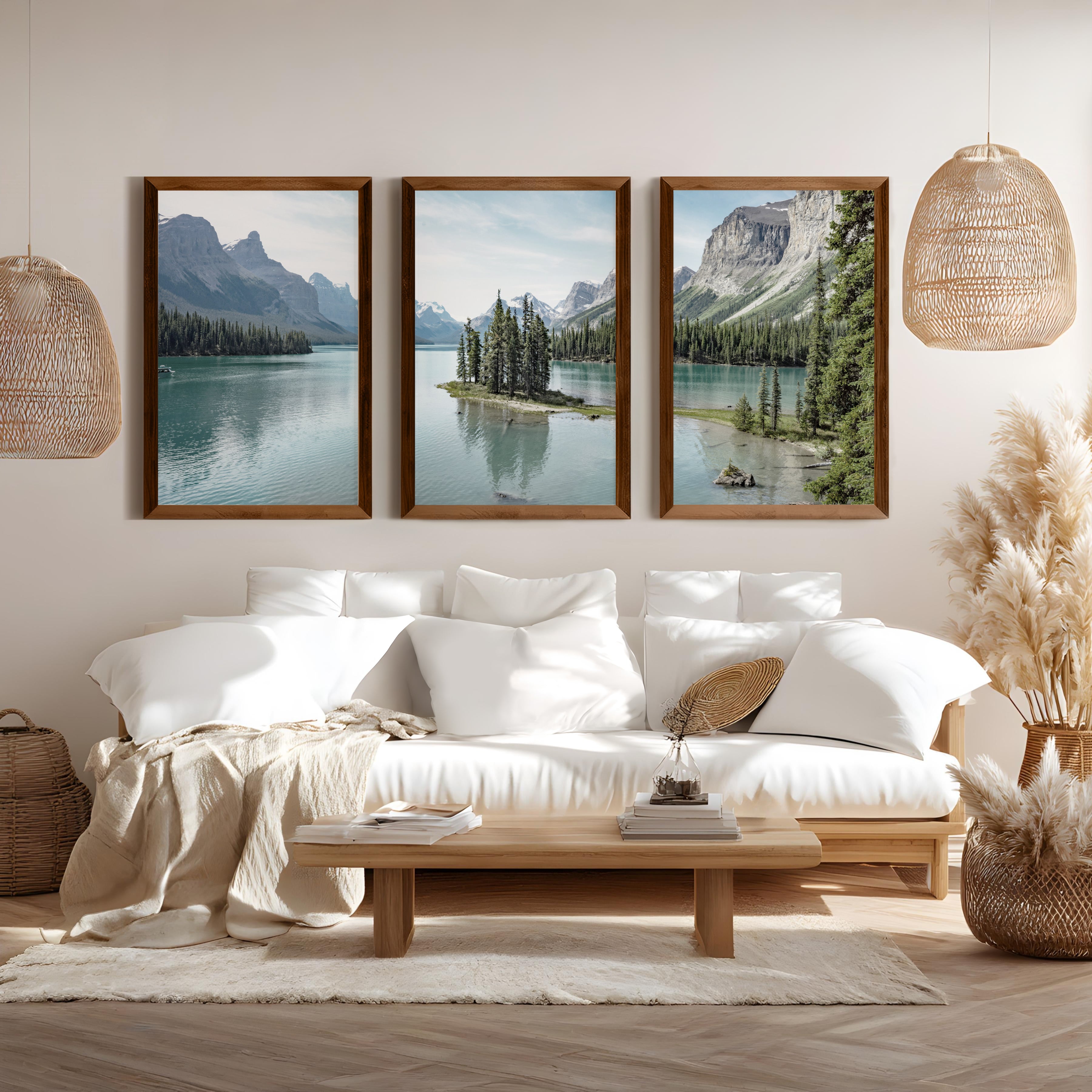 Jasper National Park Mountain Lake Triptych. Canada Nature - Dark Brown Framed Poster No Border - Artworksets