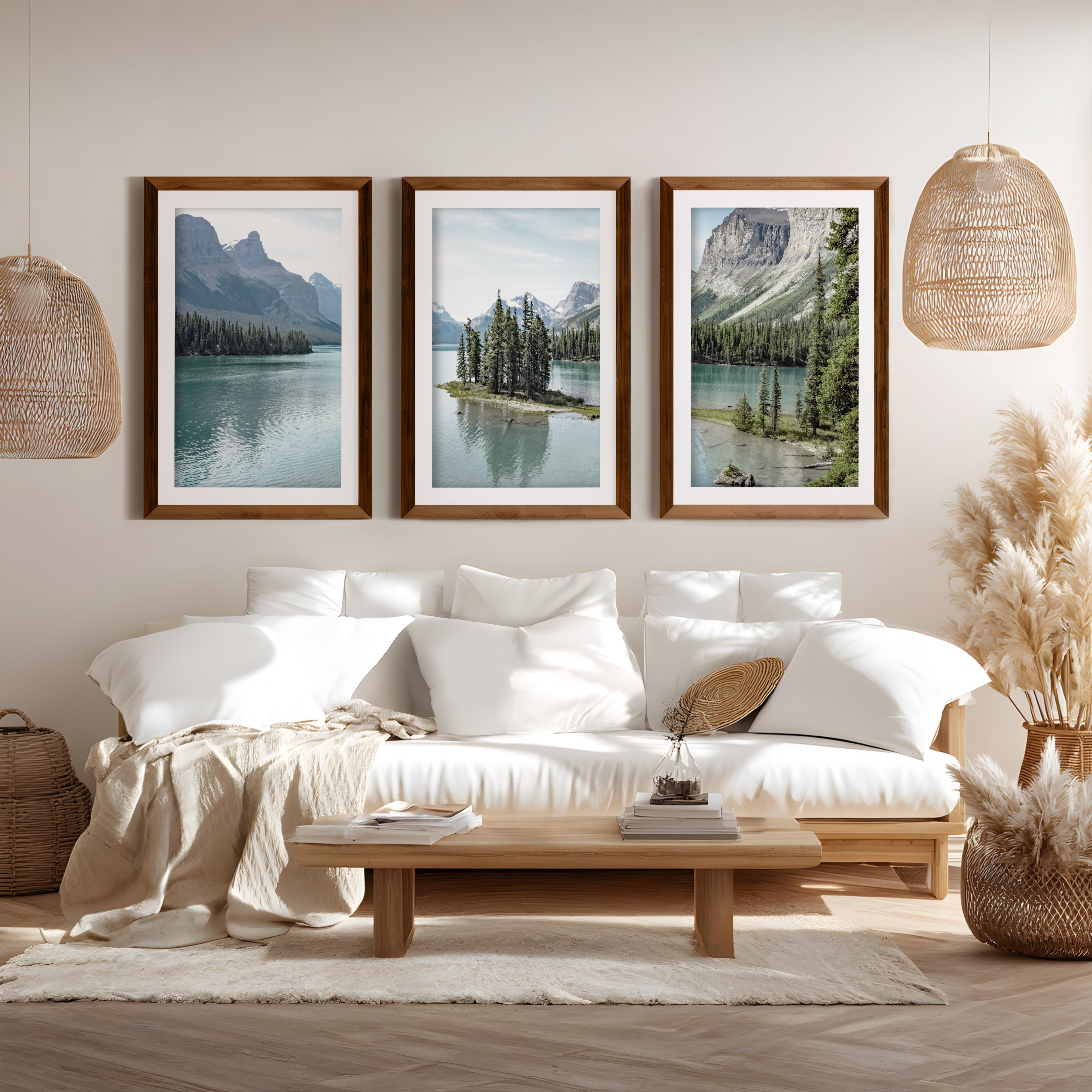 Jasper National Park Mountain Lake Triptych. Canada Nature - Dark Brown Framed Poster with White Border - Artworksets