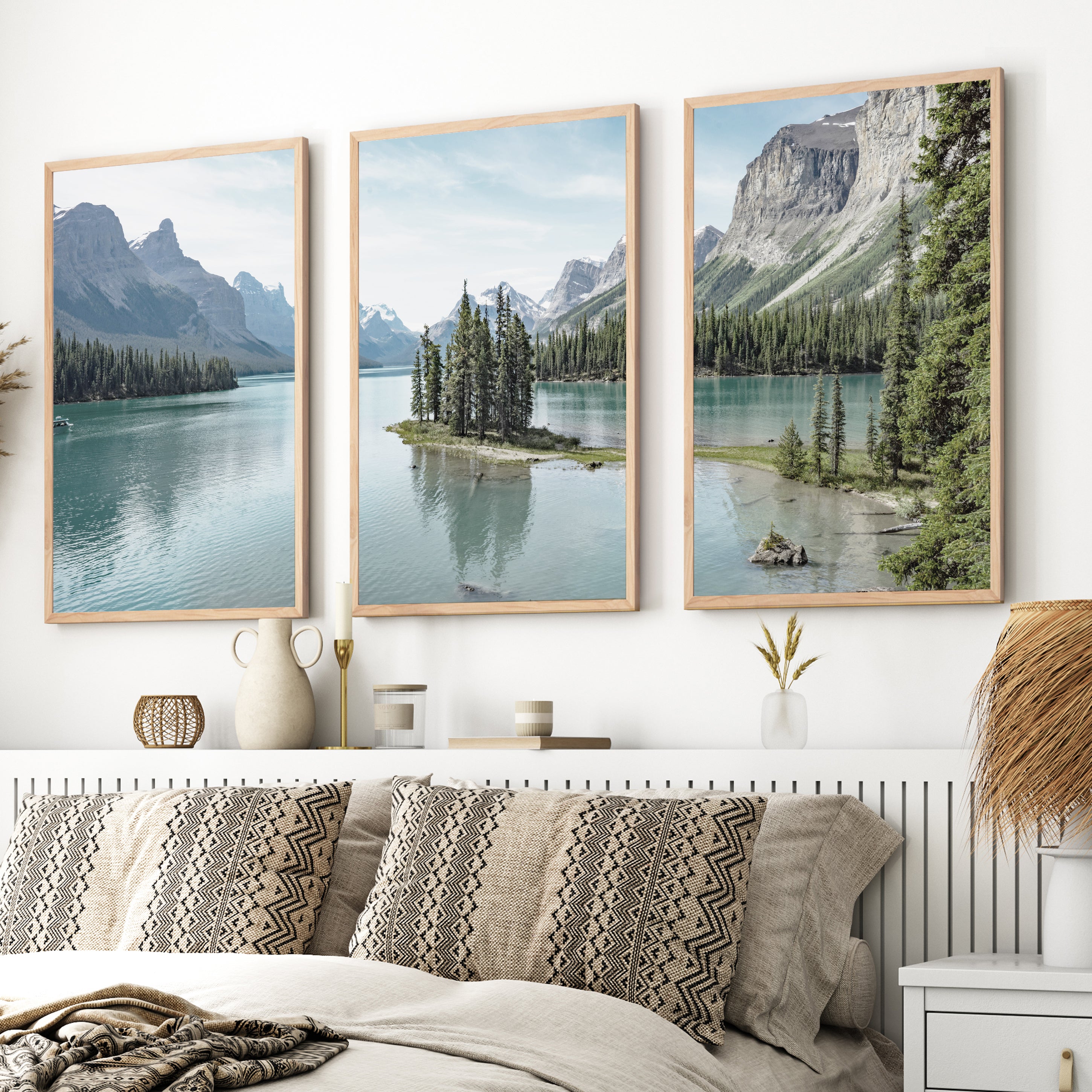 Jasper National Park Mountain Lake Triptych. Canada Nature - Natural Wood Framed Poster No Border - Artworksets