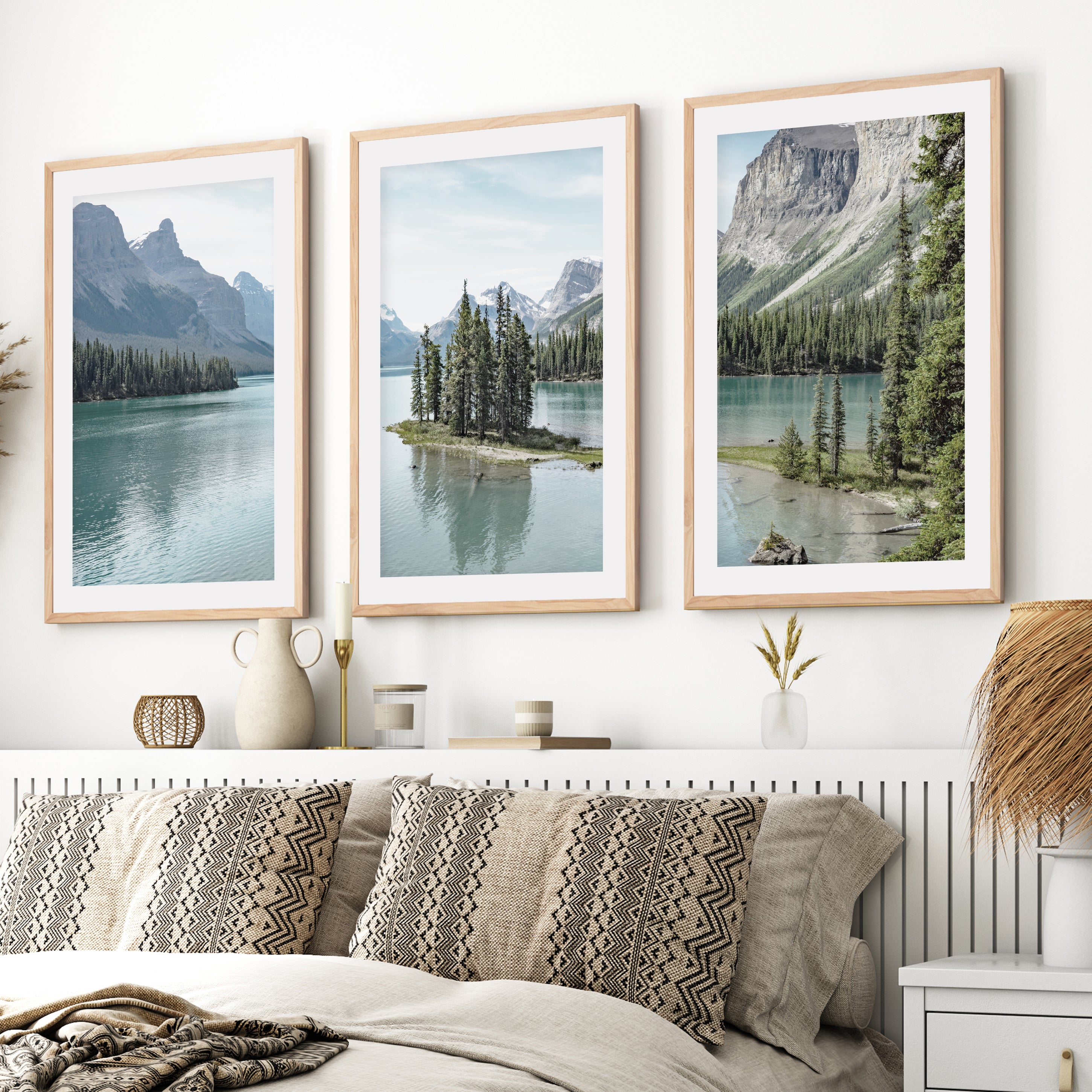 Jasper National Park Mountain Lake Triptych. Canada Nature- Natural Wood Framed Poster with White Border - Artworksets