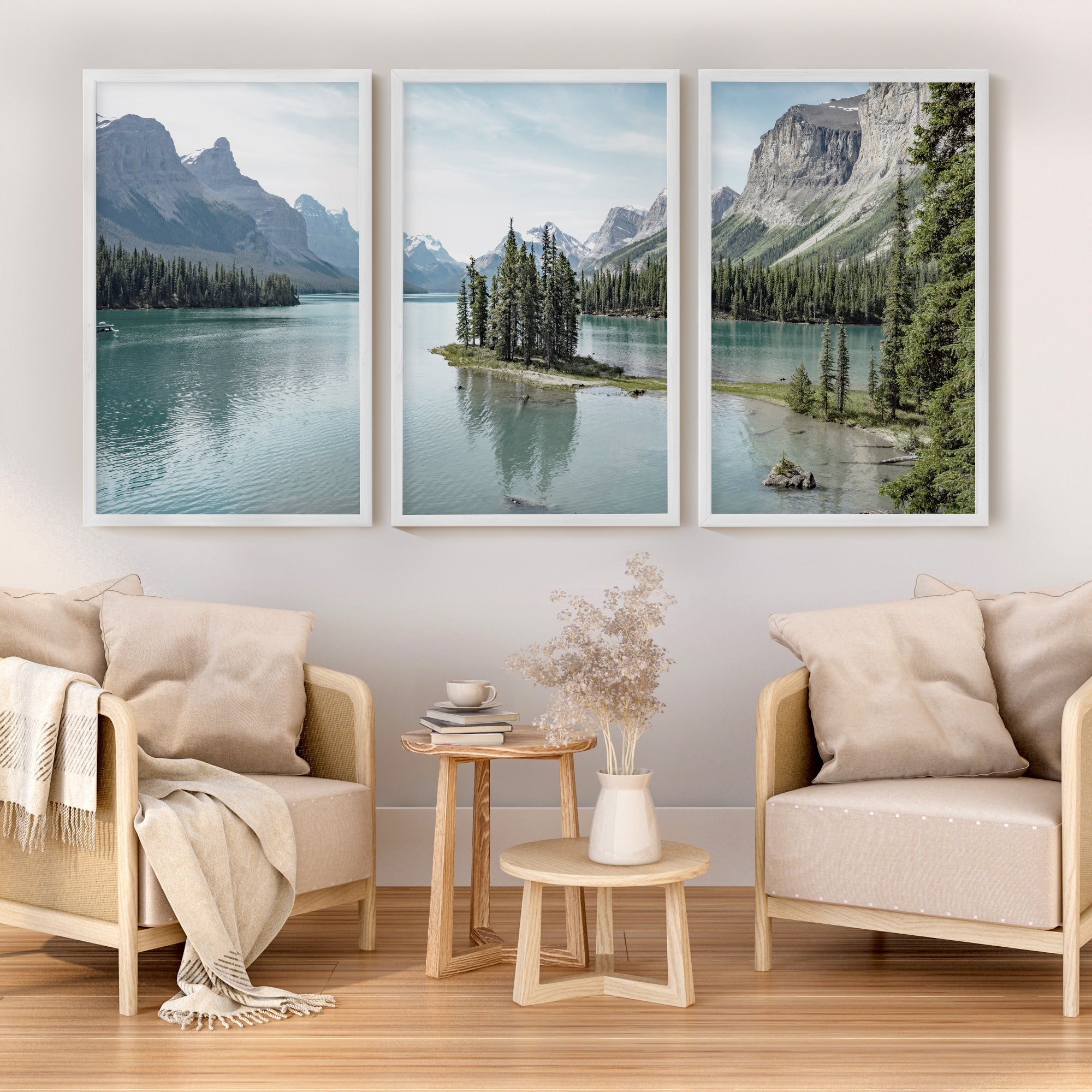 Jasper National Park Mountain Lake Triptych. Canada Nature - White Framed Poster No Border - Artworksets