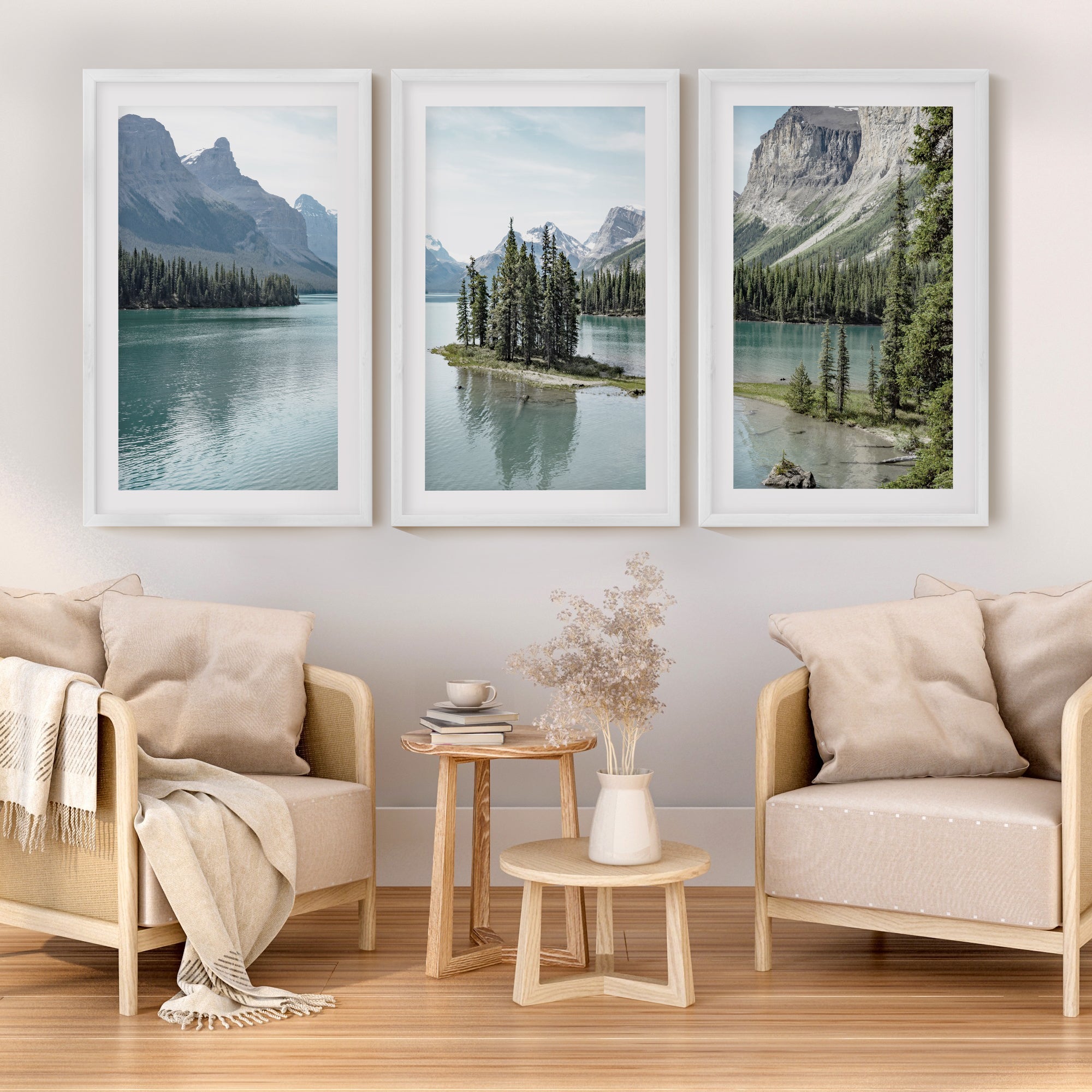 Jasper National Park Mountain Lake Triptych. Canada Nature - White Framed Poster with White Border - Artworksets