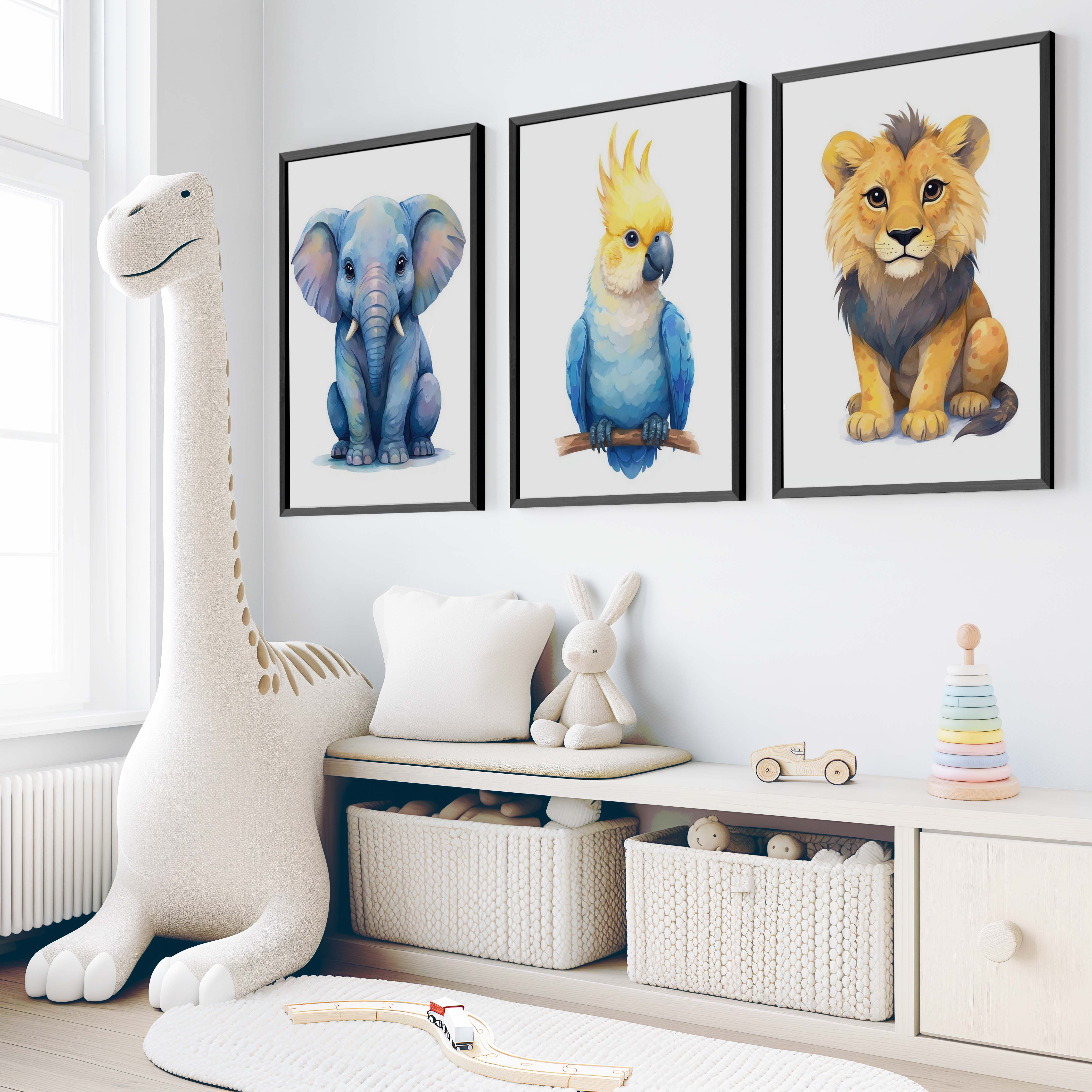 Jungle Nursery Wall Art – Elephant, Parrot & Lion (Set of 3) - Black Framed Poster No Border - Artworksets
