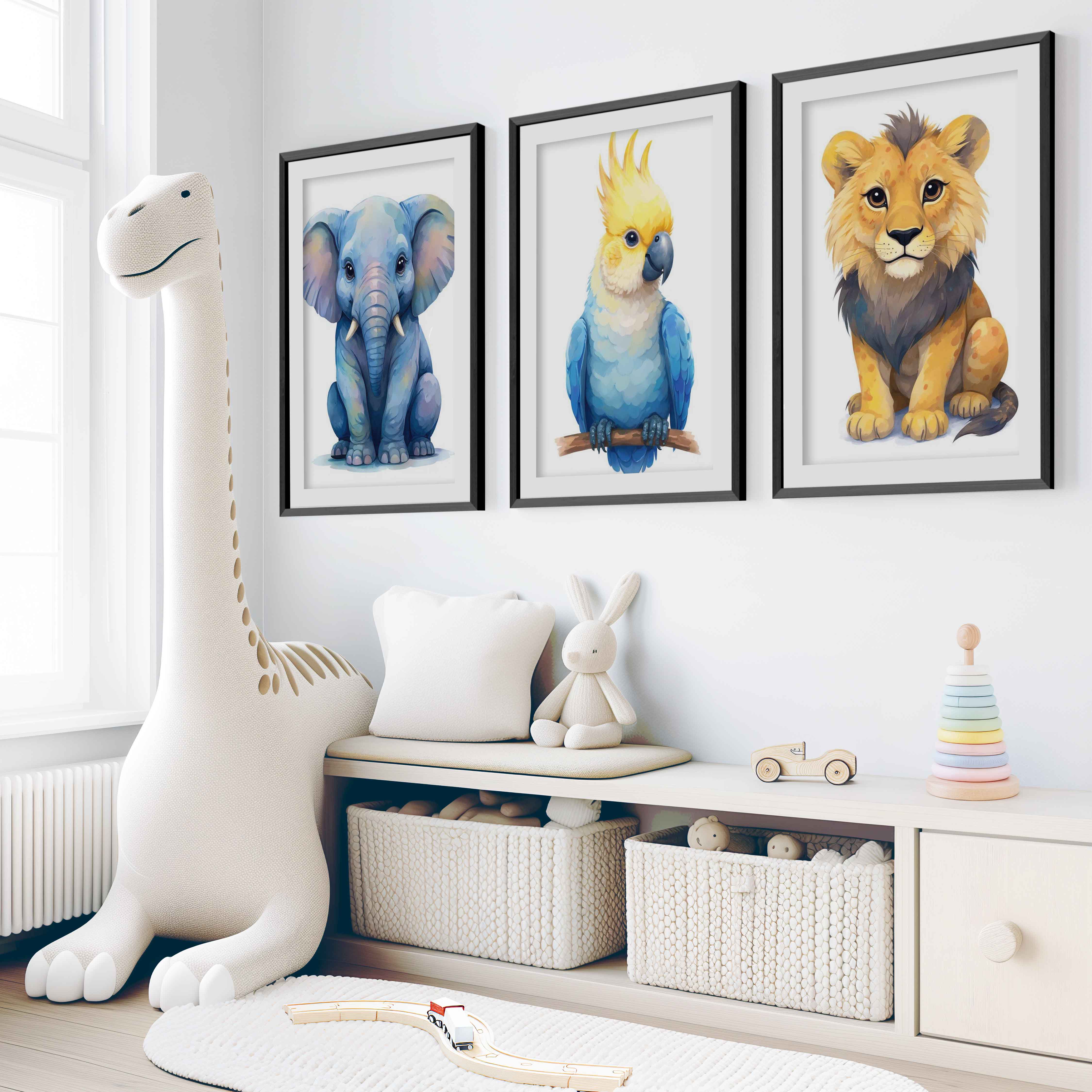 Jungle Nursery Wall Art – Elephant, Parrot & Lion (Set of 3) - Black Framed Poster with White Border - Artworksets