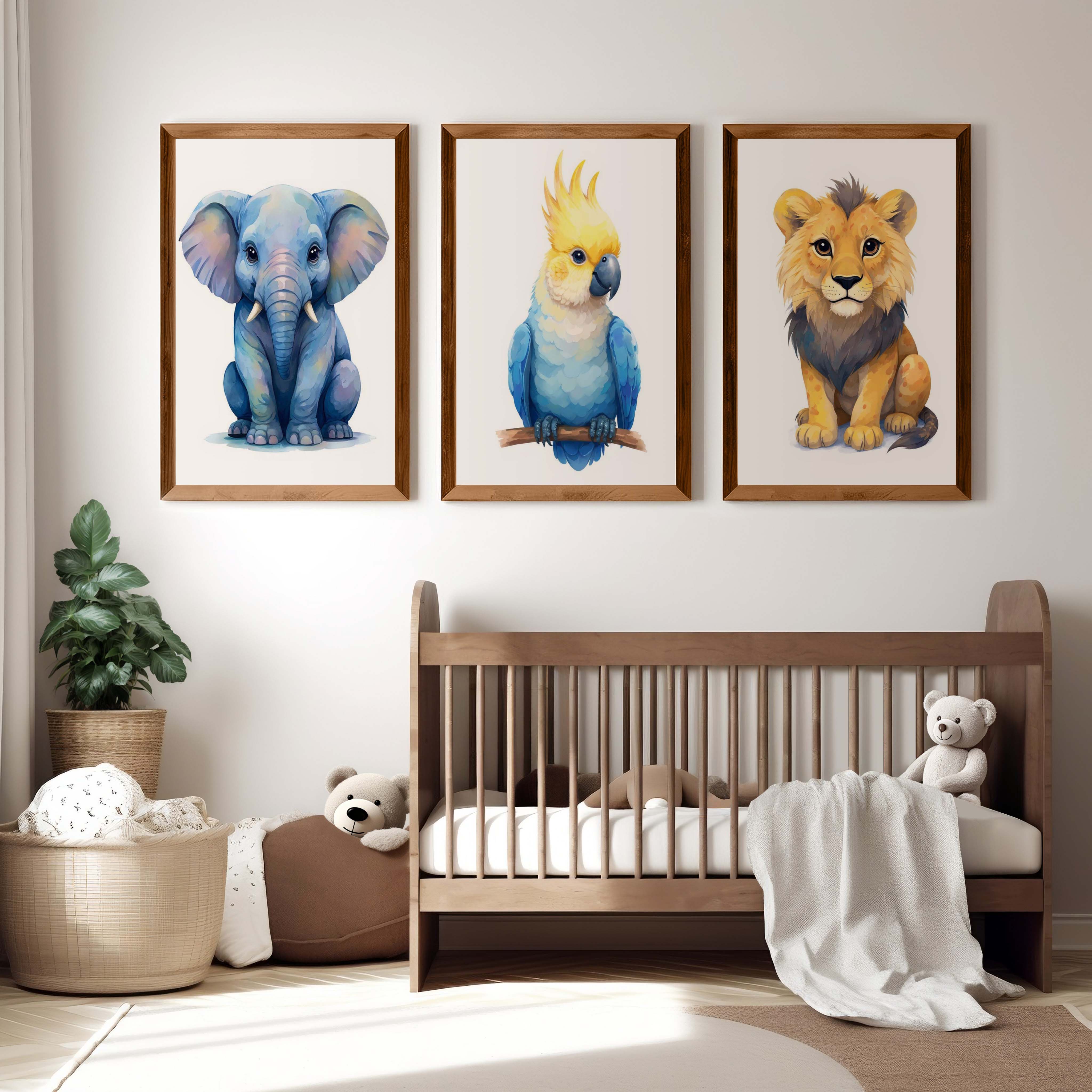 Jungle Nursery Wall Art – Elephant, Parrot & Lion (Set of 3) - Dark Brown Framed Poster No Border - Artworksets