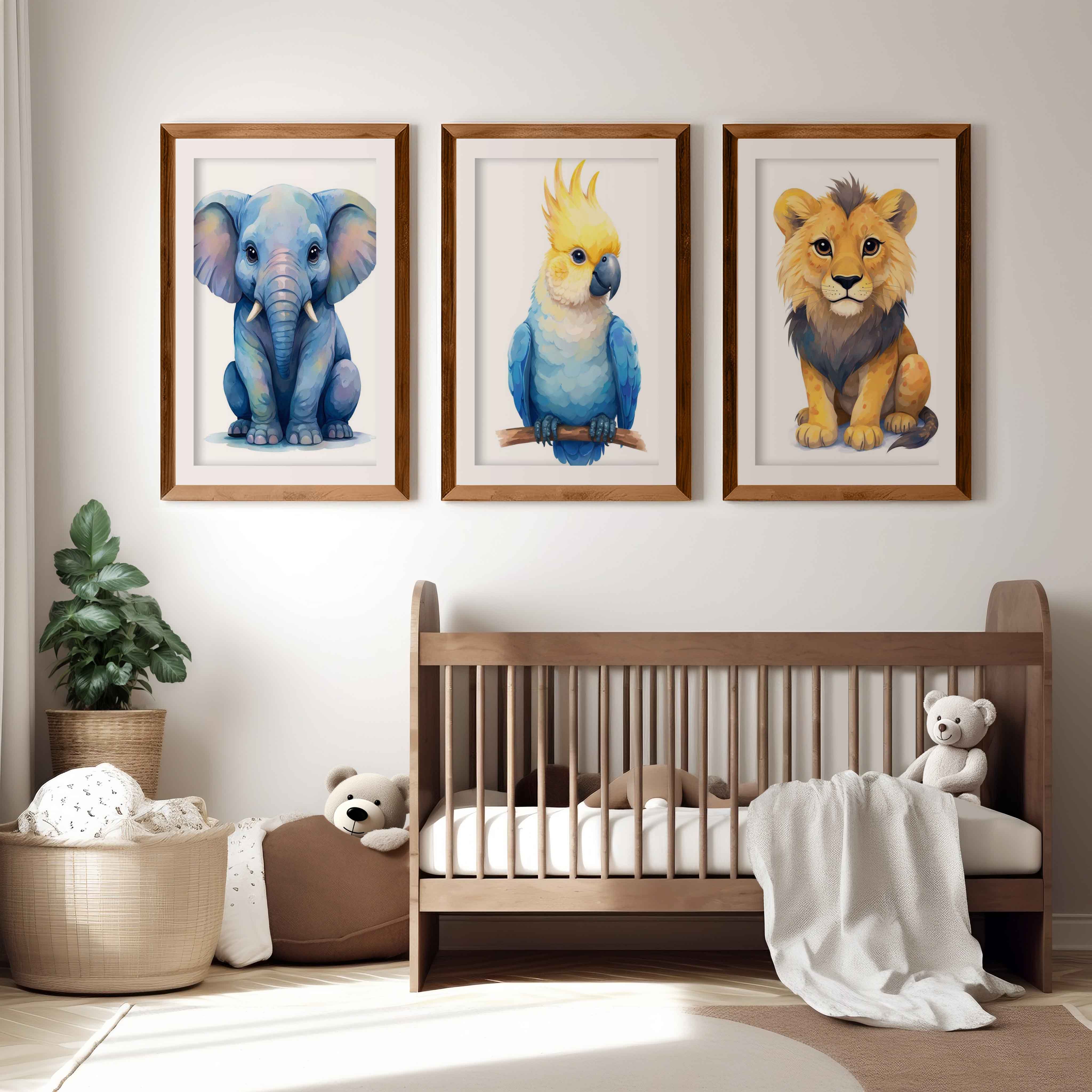 Jungle Nursery Wall Art – Elephant, Parrot & Lion (Set of 3) - Dark Brown Framed Poster with White Border - Artworksets
