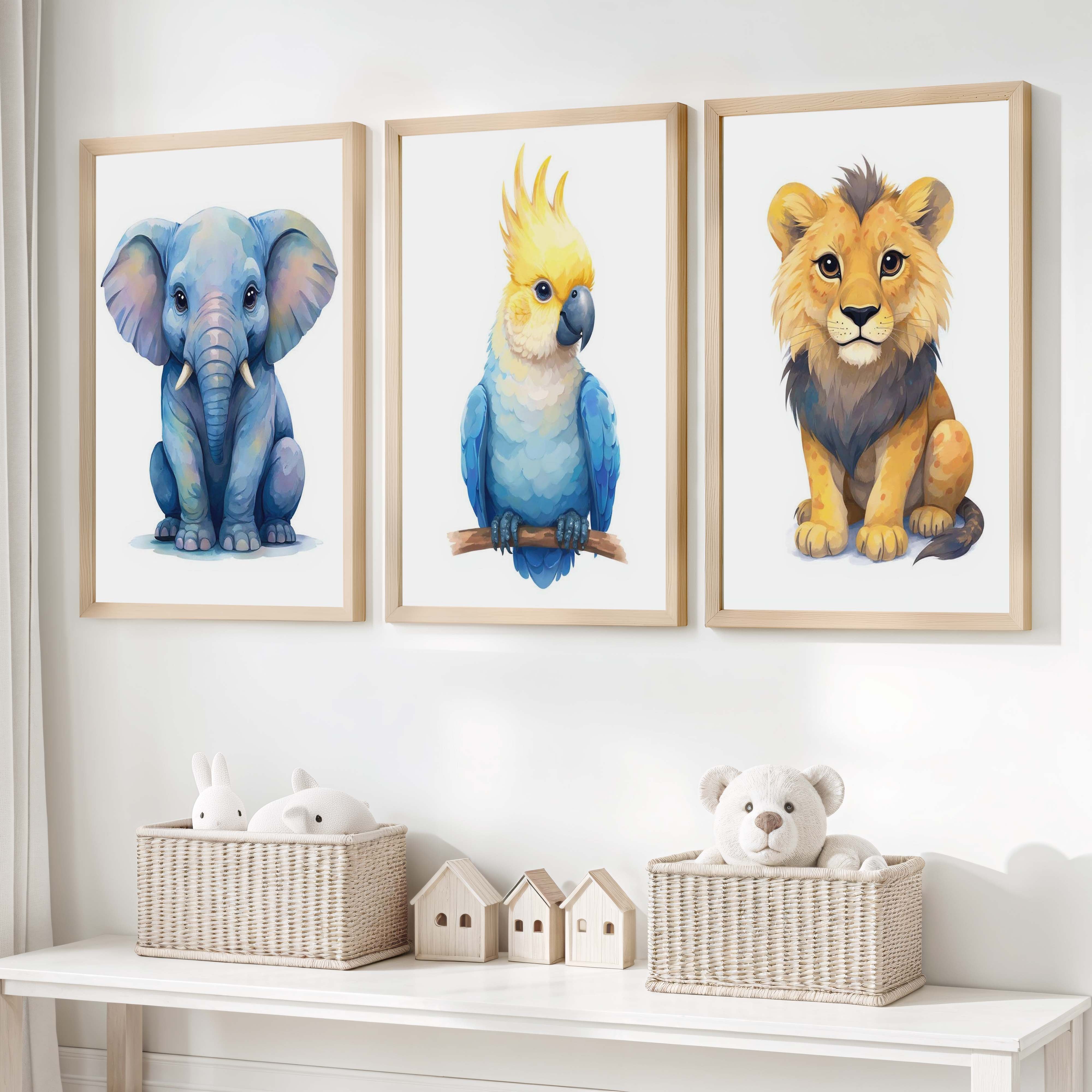 Jungle Nursery Wall Art – Elephant, Parrot & Lion (Set of 3) - Natural Wood Framed Poster No Border - Artworksets