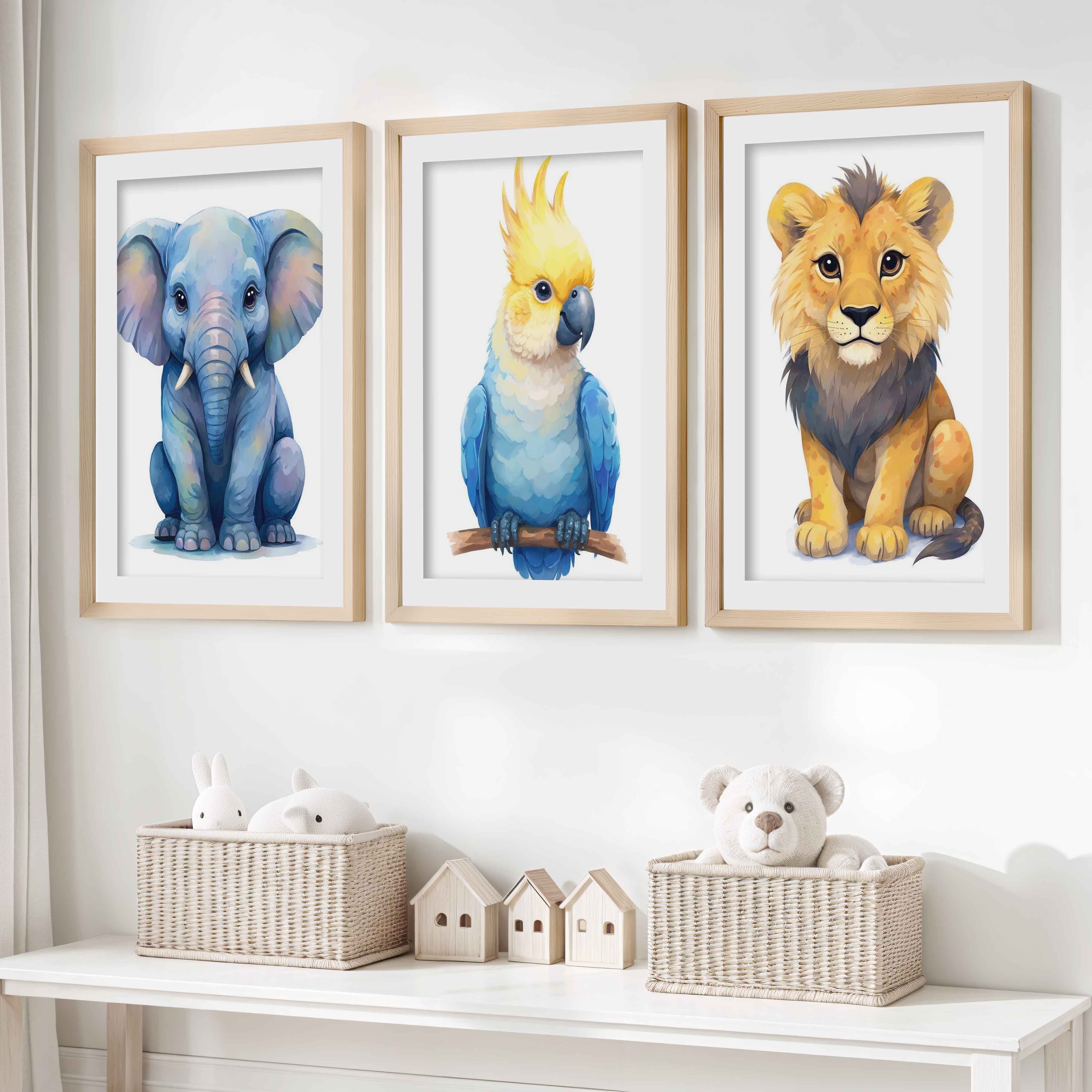 Jungle Nursery Wall Art – Elephant, Parrot & Lion (Set of 3)- Natural Wood Framed Poster with White Border - Artworksets