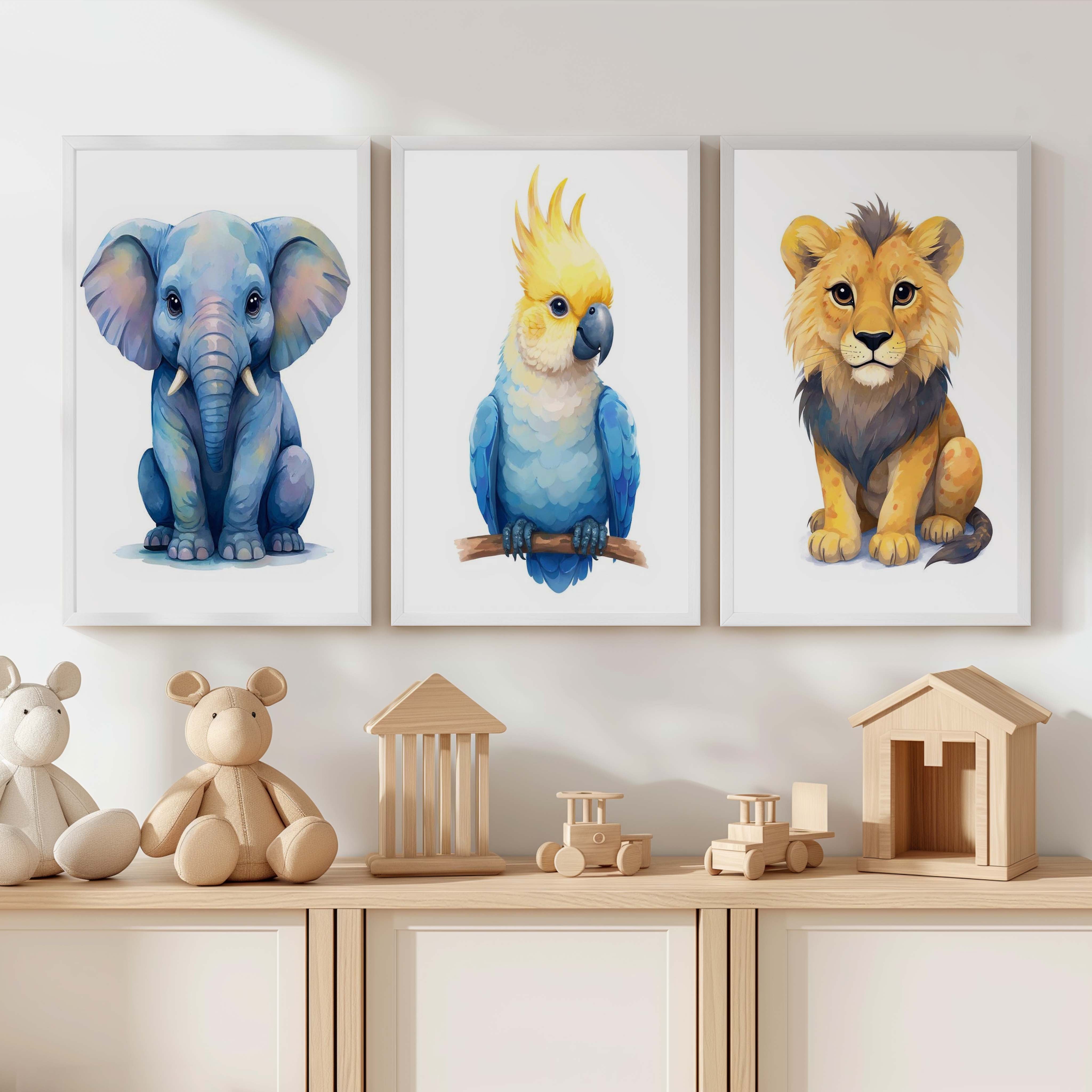 Jungle Nursery Wall Art – Elephant, Parrot & Lion (Set of 3) - White Framed Poster No Border - Artworksets