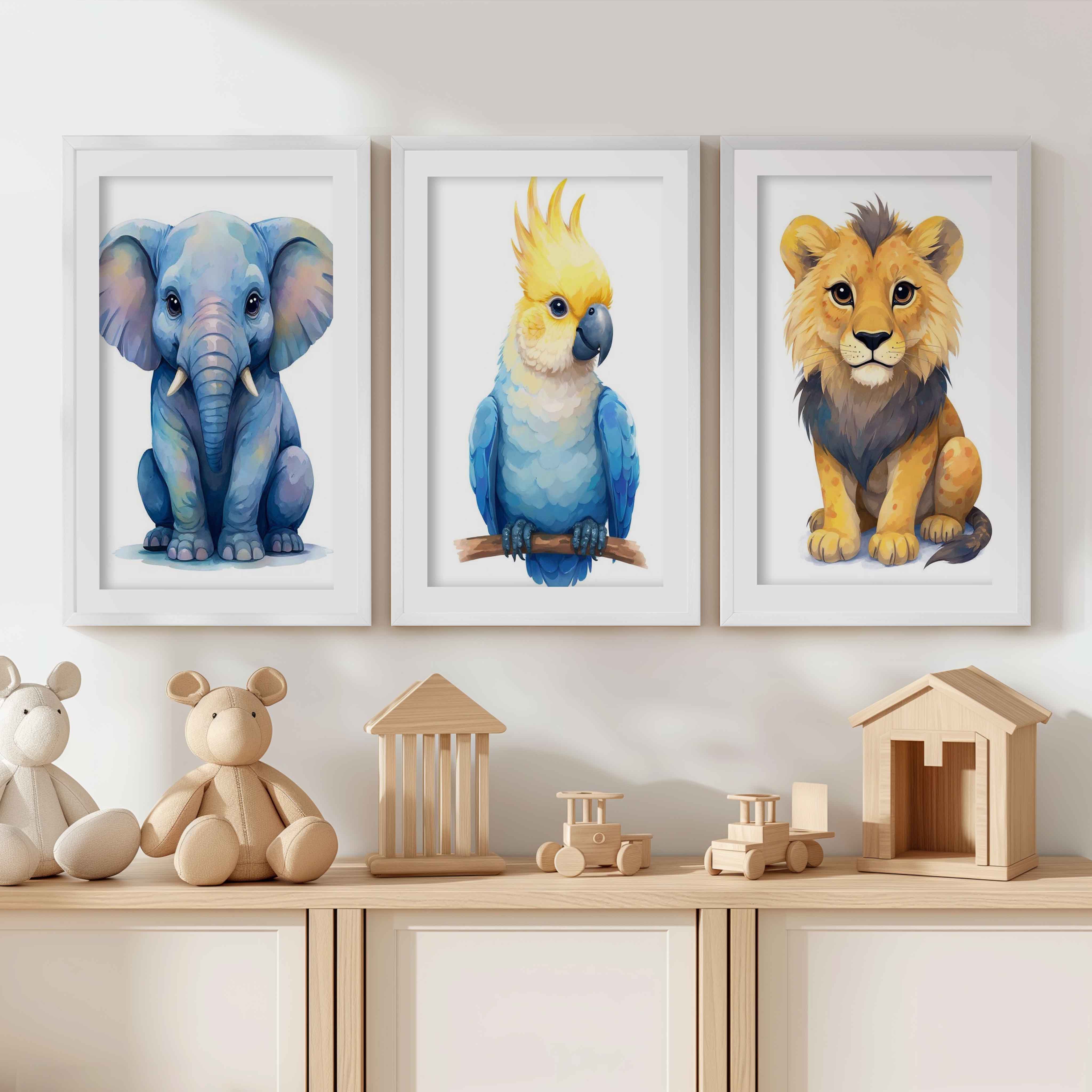 Jungle Nursery Wall Art – Elephant, Parrot & Lion (Set of 3) - White Framed Poster with White Border - Artworksets