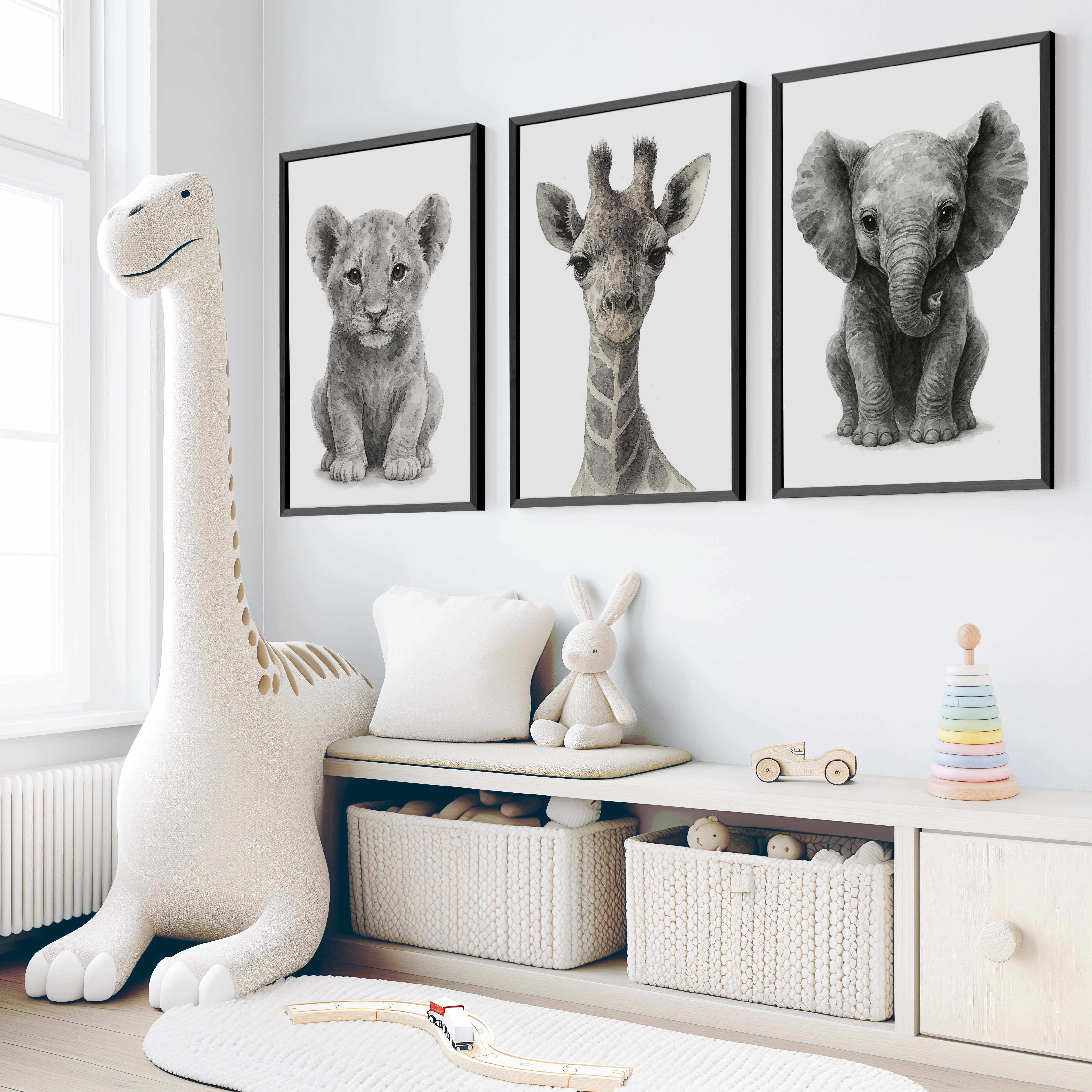 Jungle Nursery Wall Decor – Baby Lion, Elephant & Giraffe (Set of 3) - Black Framed Poster No Border - Artworksets