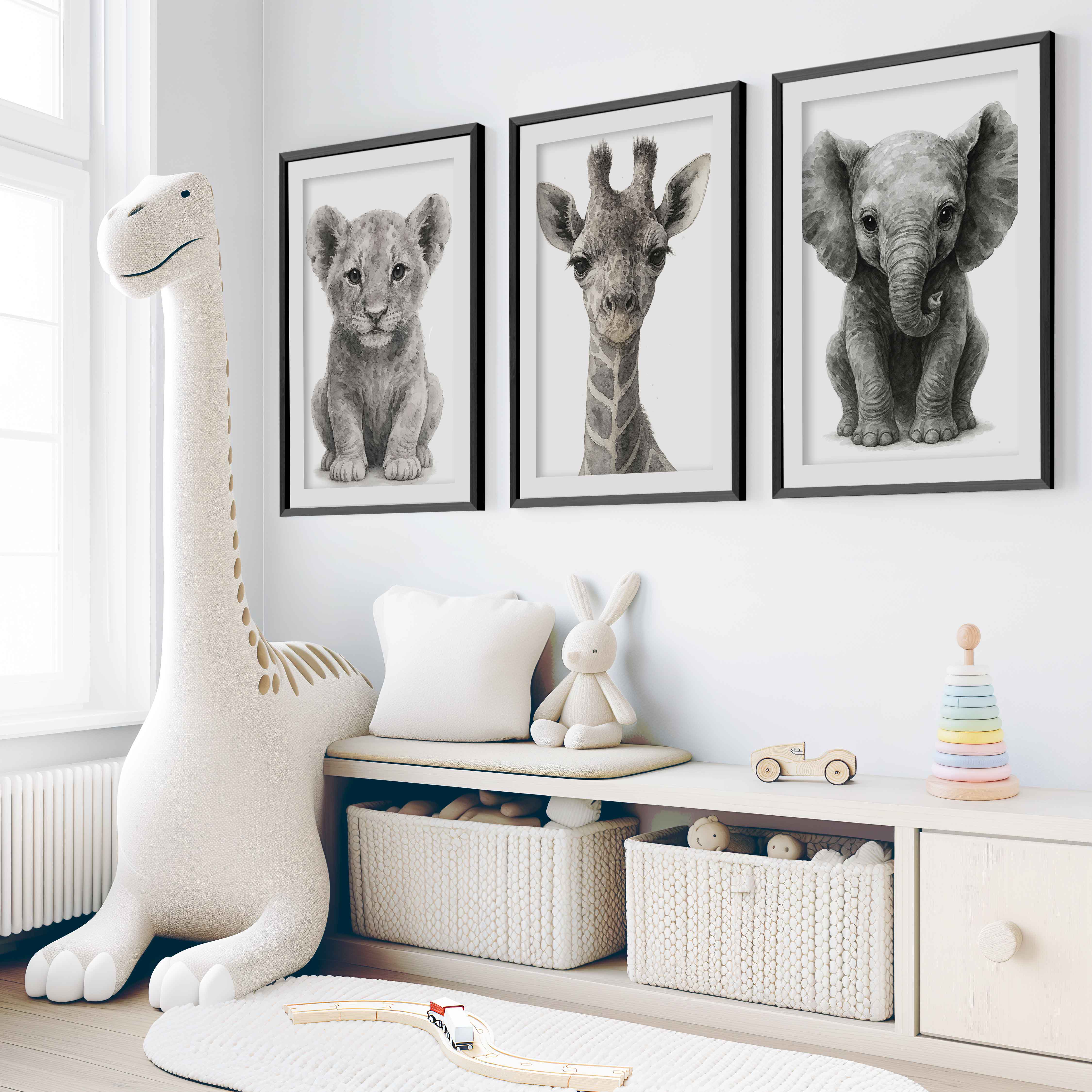 Jungle Nursery Wall Decor – Baby Lion, Elephant & Giraffe (Set of 3) - Black Framed Poster with White Border - Artworksets
