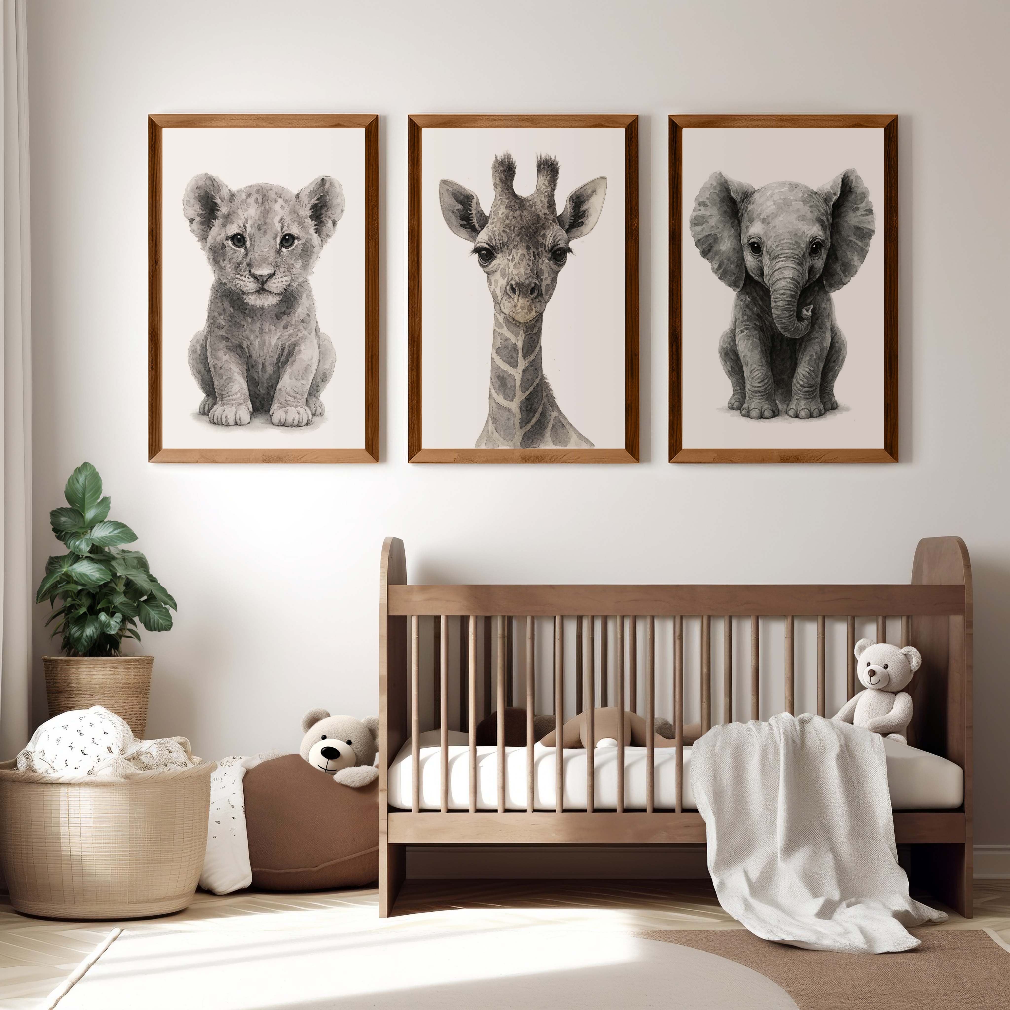 Jungle Nursery Wall Decor – Baby Lion, Elephant & Giraffe (Set of 3) - Dark Brown Framed Poster No Border - Artworksets