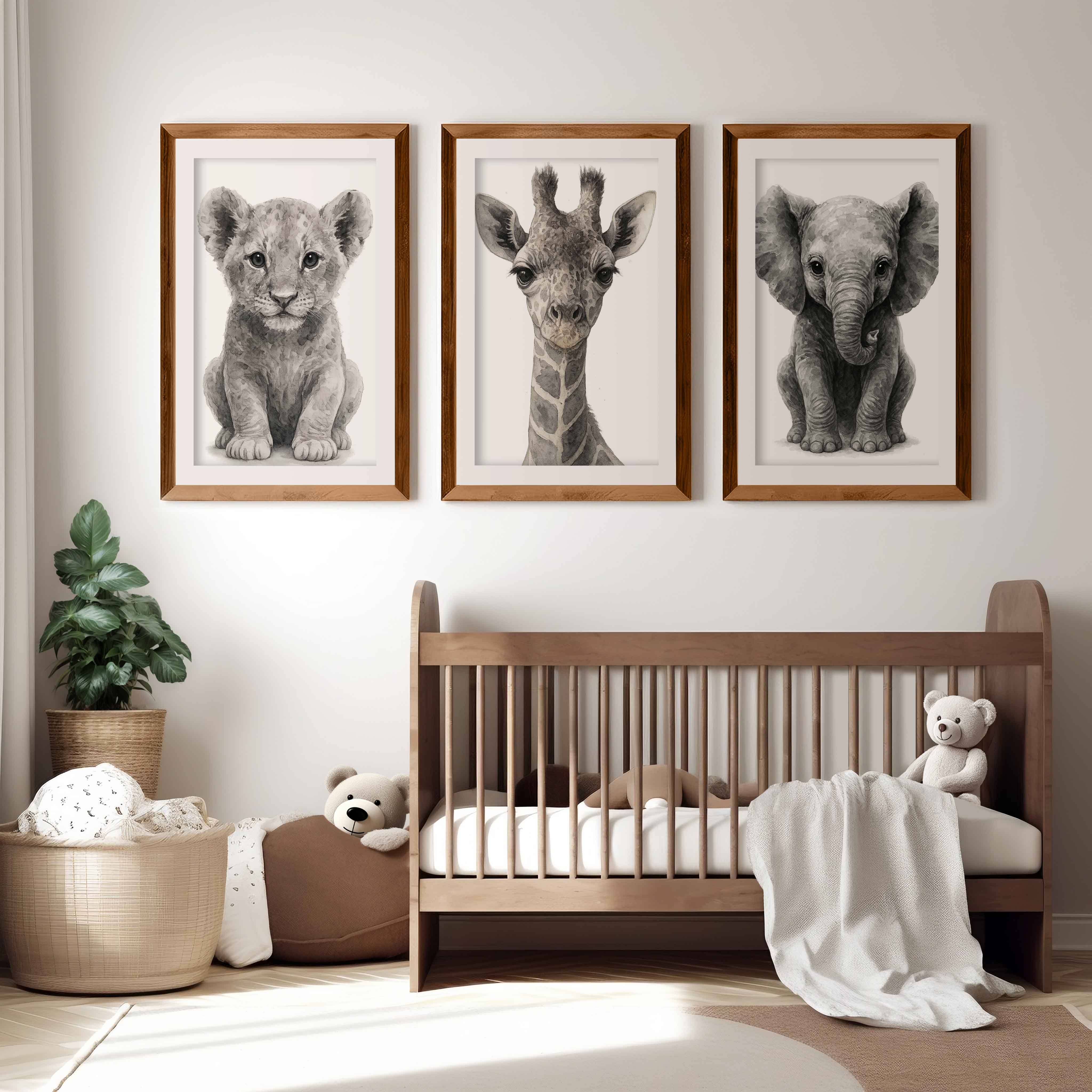 Jungle Nursery Wall Decor – Baby Lion, Elephant & Giraffe (Set of 3) - Dark Brown Framed Poster with White Border - Artworksets