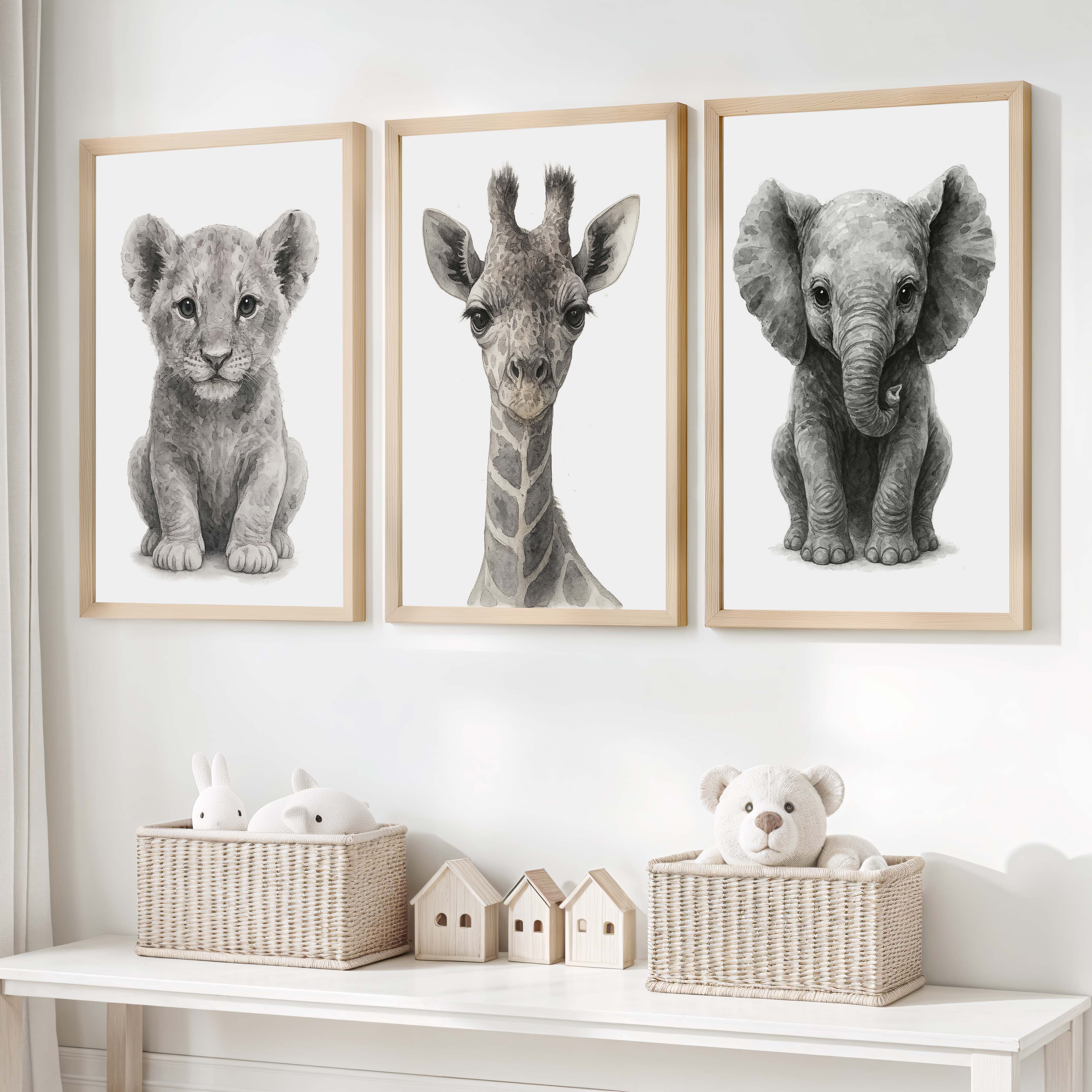 Jungle Nursery Wall Decor – Baby Lion, Elephant & Giraffe (Set of 3) - Natural Wood Framed Poster No Border - Artworksets