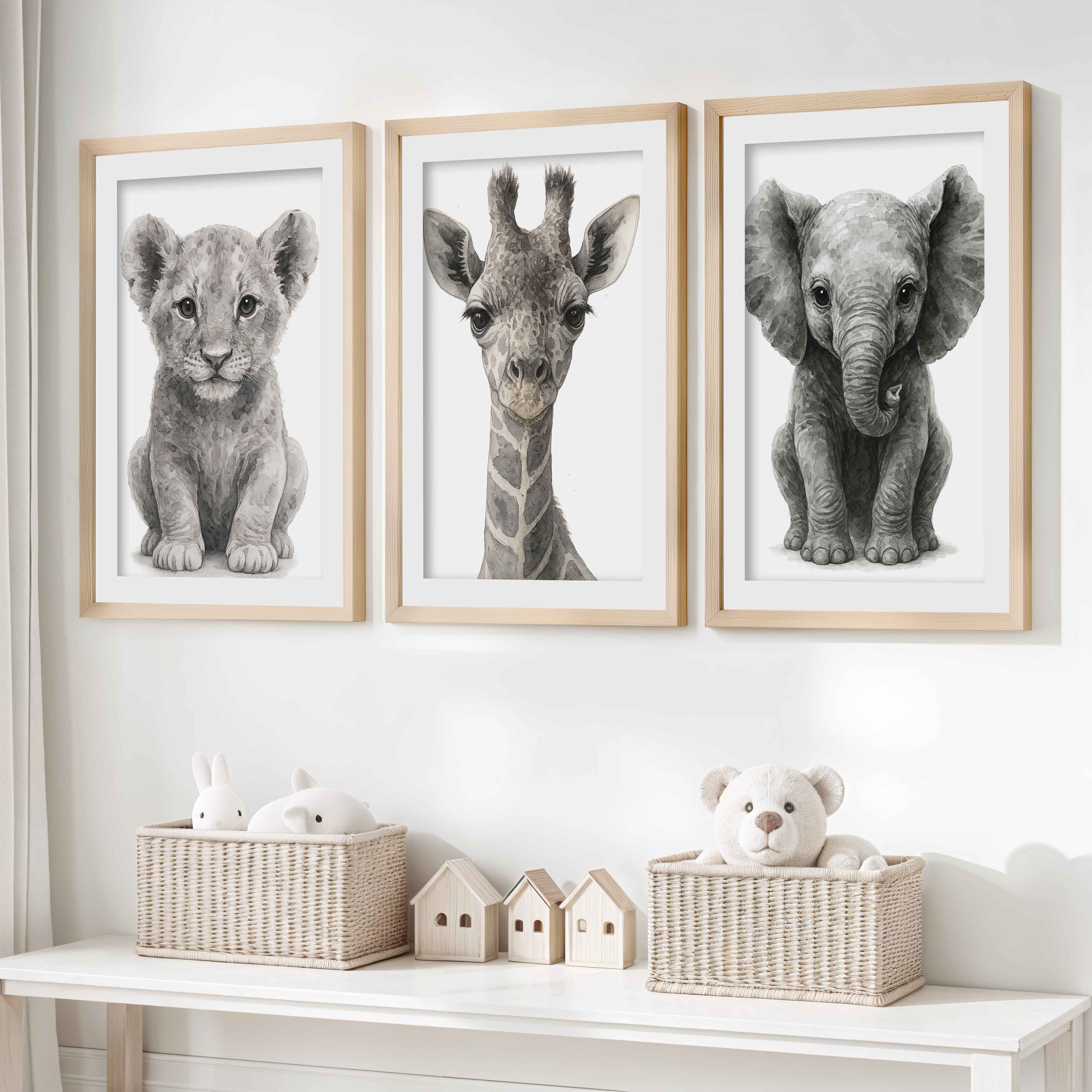 Jungle Nursery Wall Decor – Baby Lion, Elephant & Giraffe (Set of 3)- Natural Wood Framed Poster with White Border - Artworksets