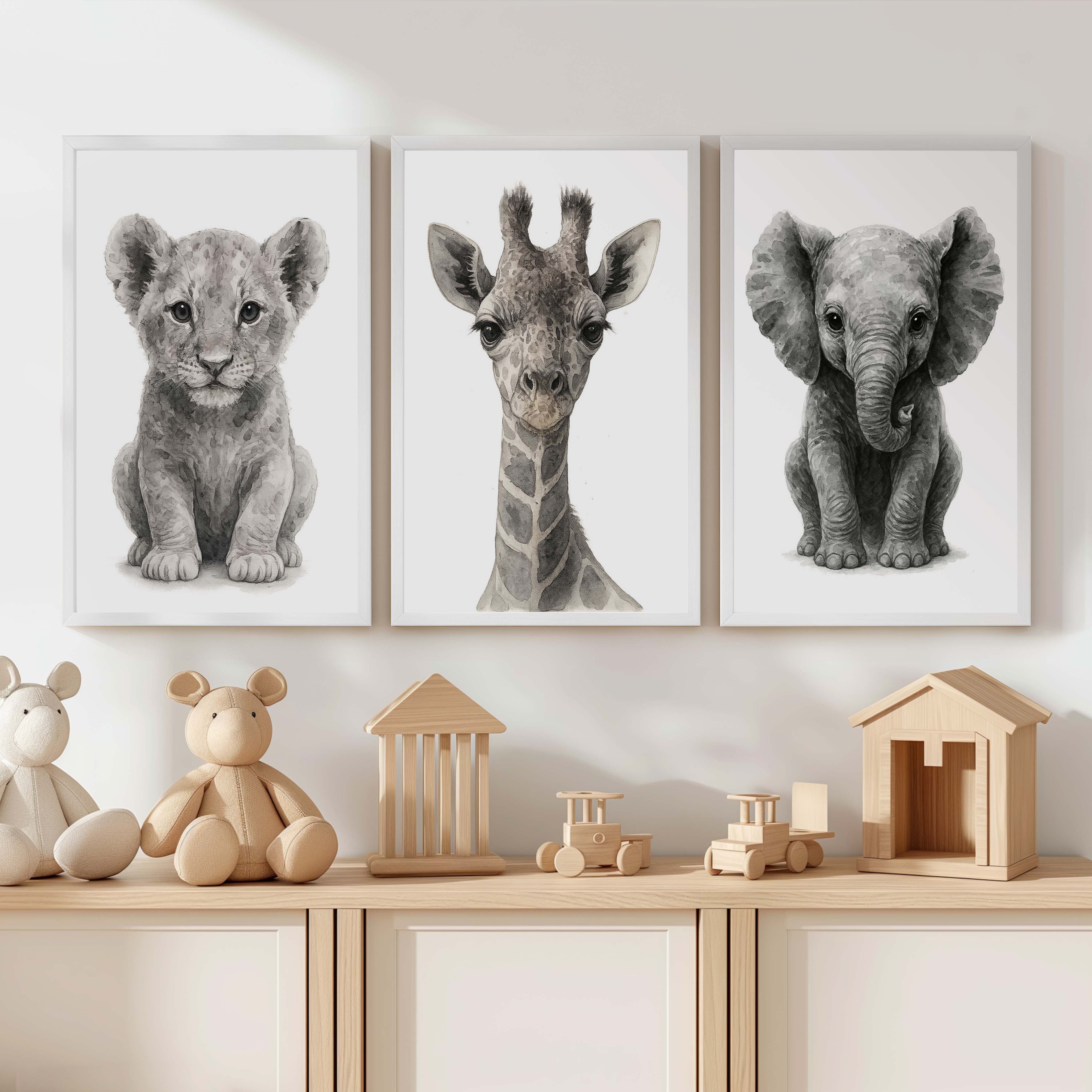 Jungle Nursery Wall Decor – Baby Lion, Elephant & Giraffe (Set of 3) - White Framed Poster No Border - Artworksets