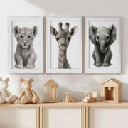 Jungle Nursery Wall Decor – Baby Lion, Elephant & Giraffe (Set of 3) - White Framed Poster with White Border - Artworksets