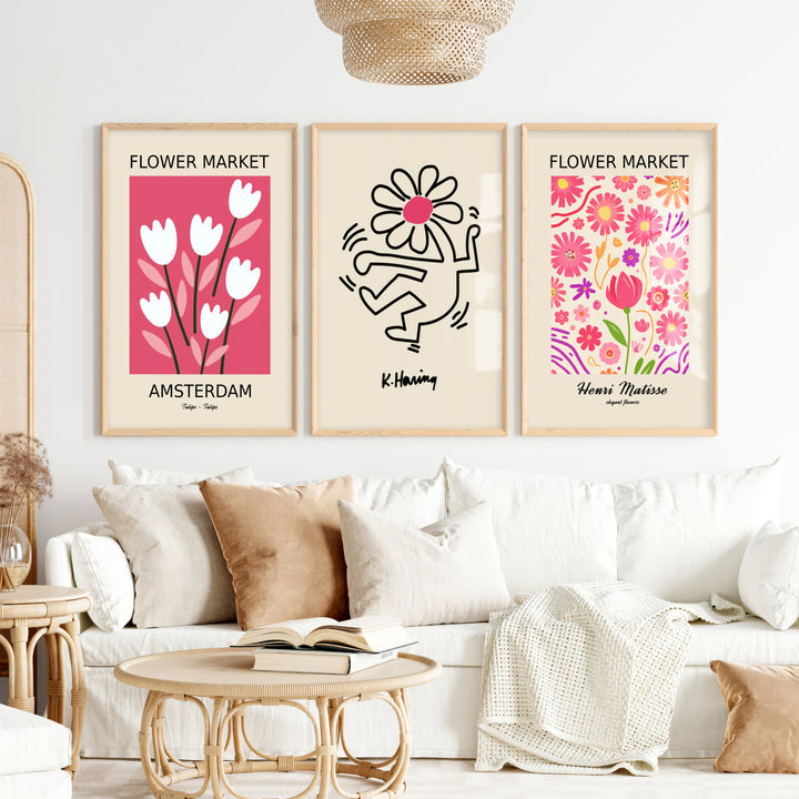 Keith Haring & Matisse Pink Set of 3 Prints - Natural Wood Framed Poster No Border - Artworksets