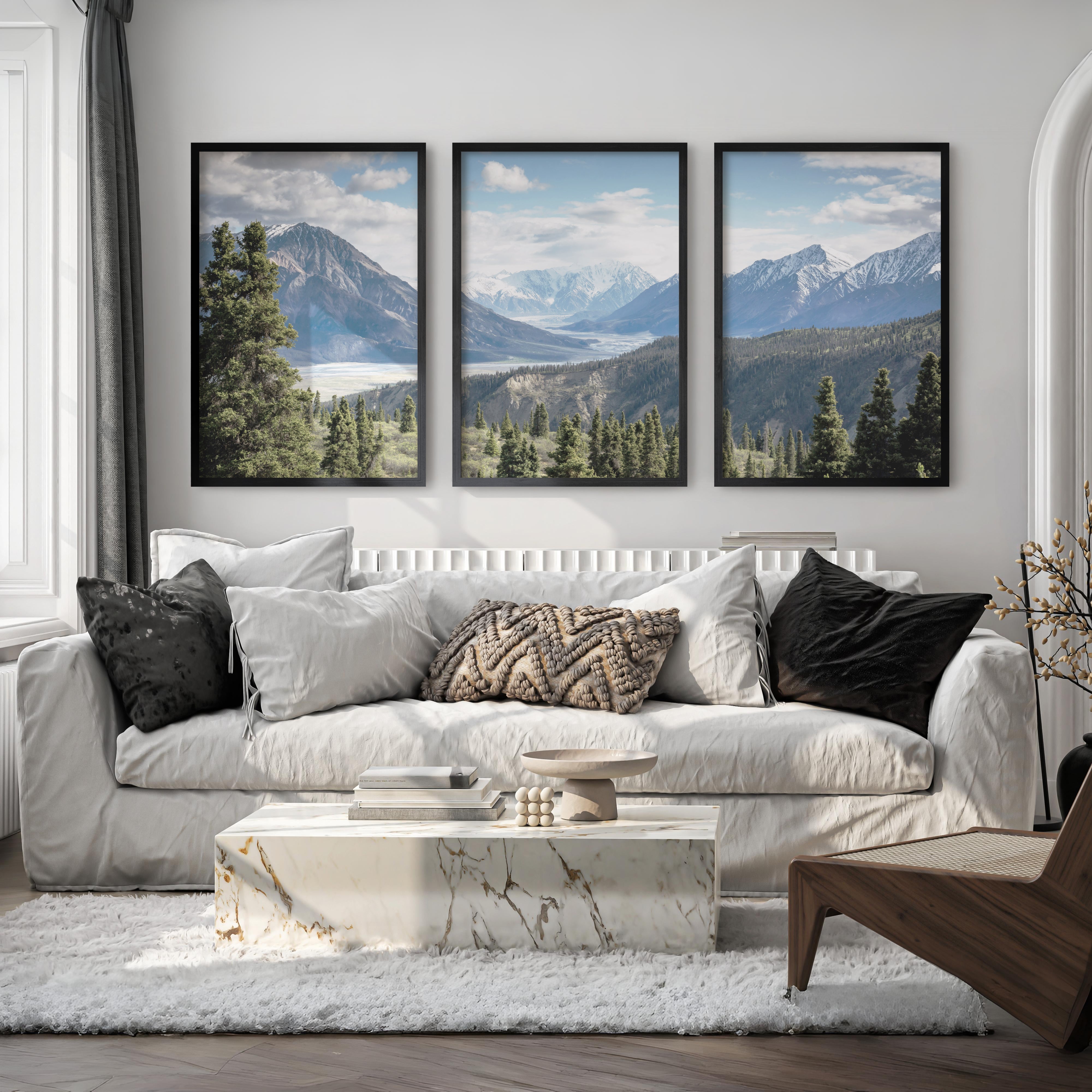 Kluane National Park Wilderness Nature Triptych. Mountains Prints - Black Framed Poster No Border - Artworksets