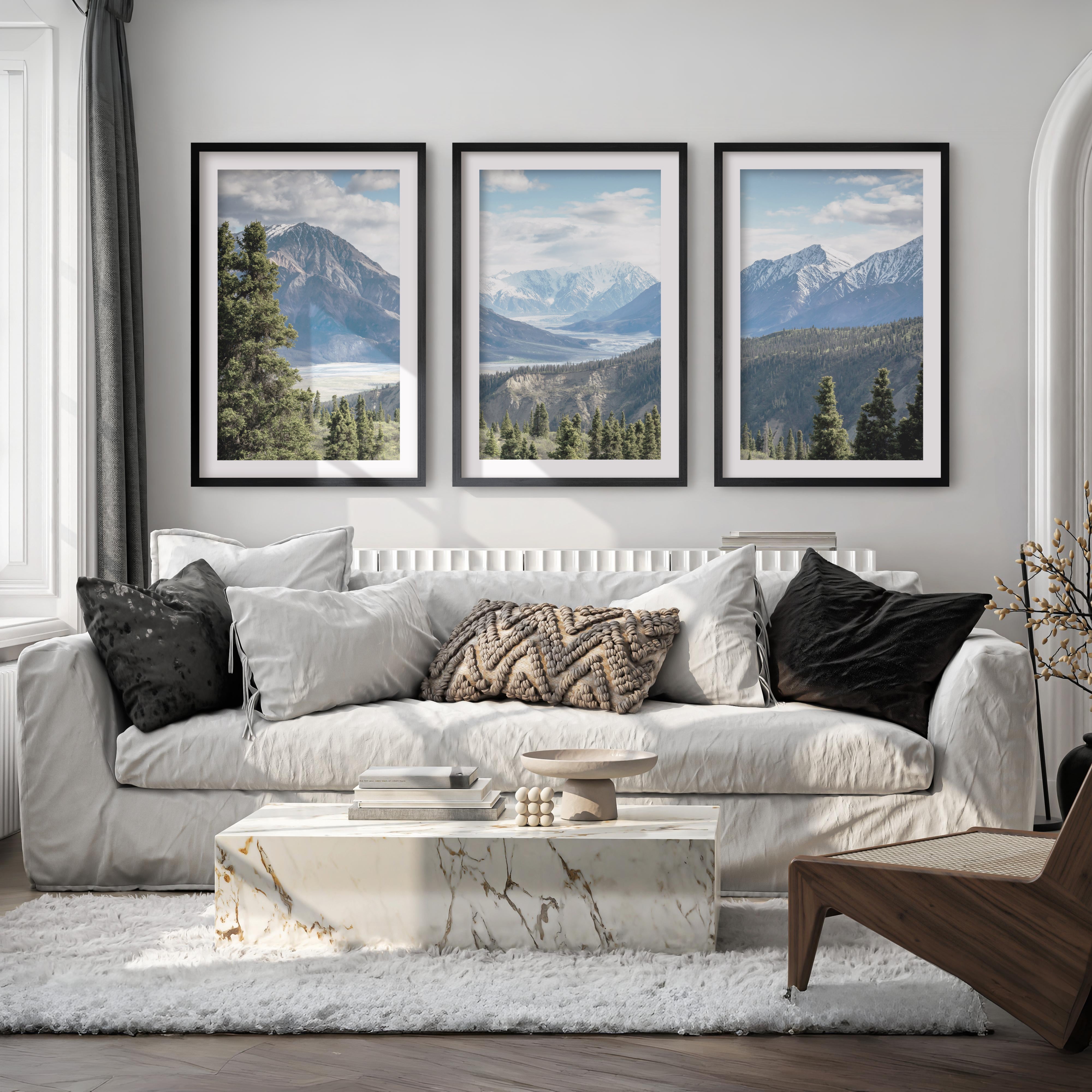 Kluane National Park Wilderness Nature Triptych. Mountains Prints - Black Framed Poster with White Border - Artworksets