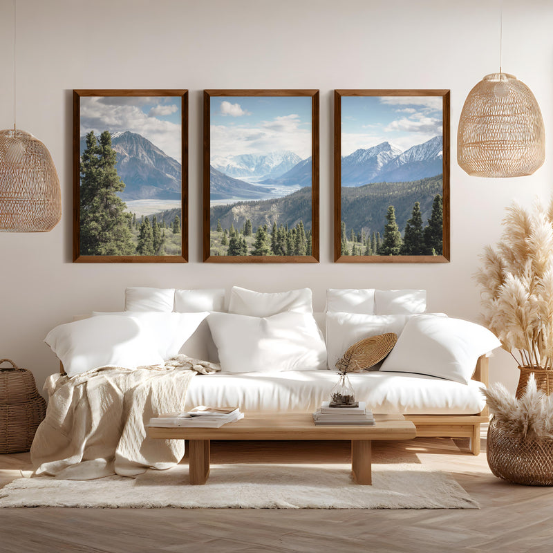 Kluane National Park Wilderness Nature Triptych. Mountains Prints - Dark Brown Framed Poster No Border - Artworksets