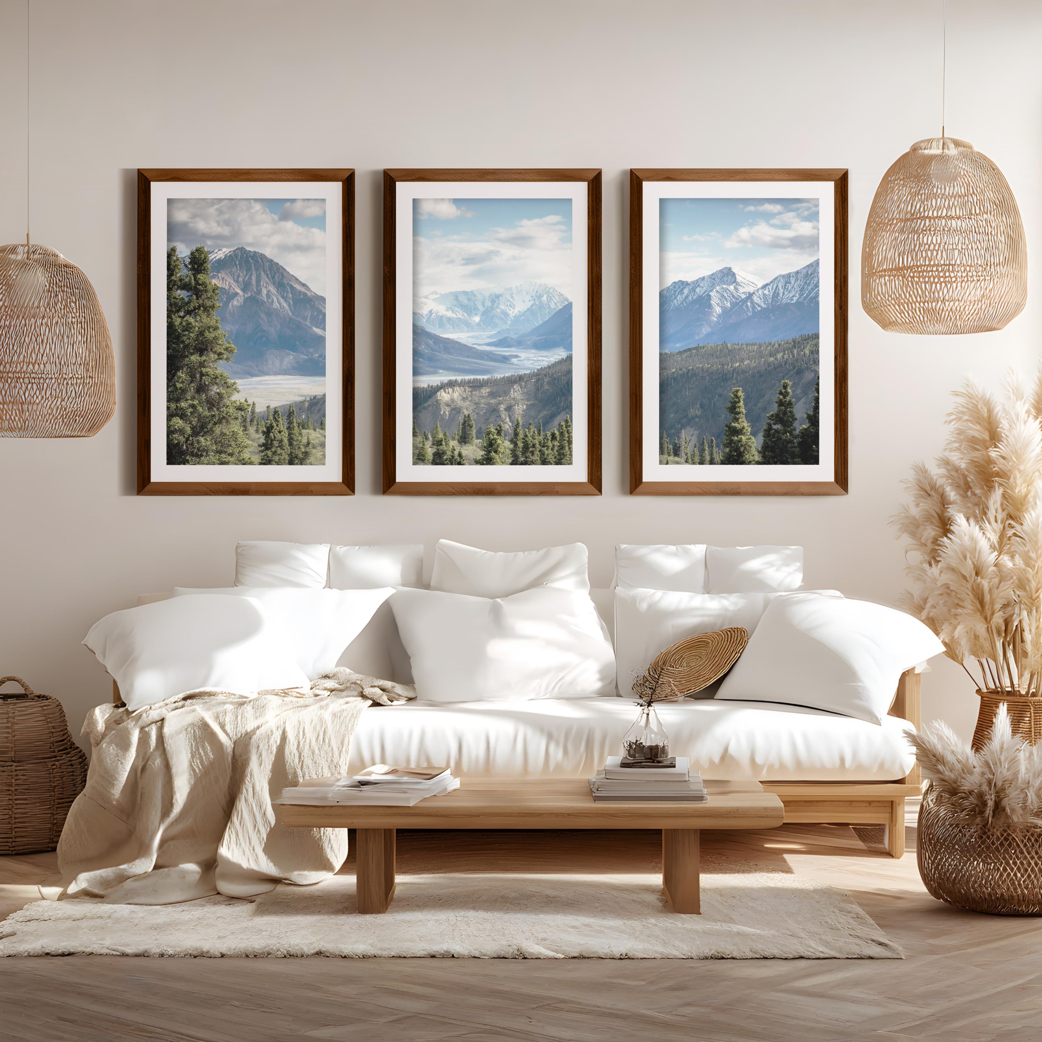 Kluane National Park Wilderness Nature Triptych. Mountains Prints - Dark Brown Framed Poster with White Border - Artworksets