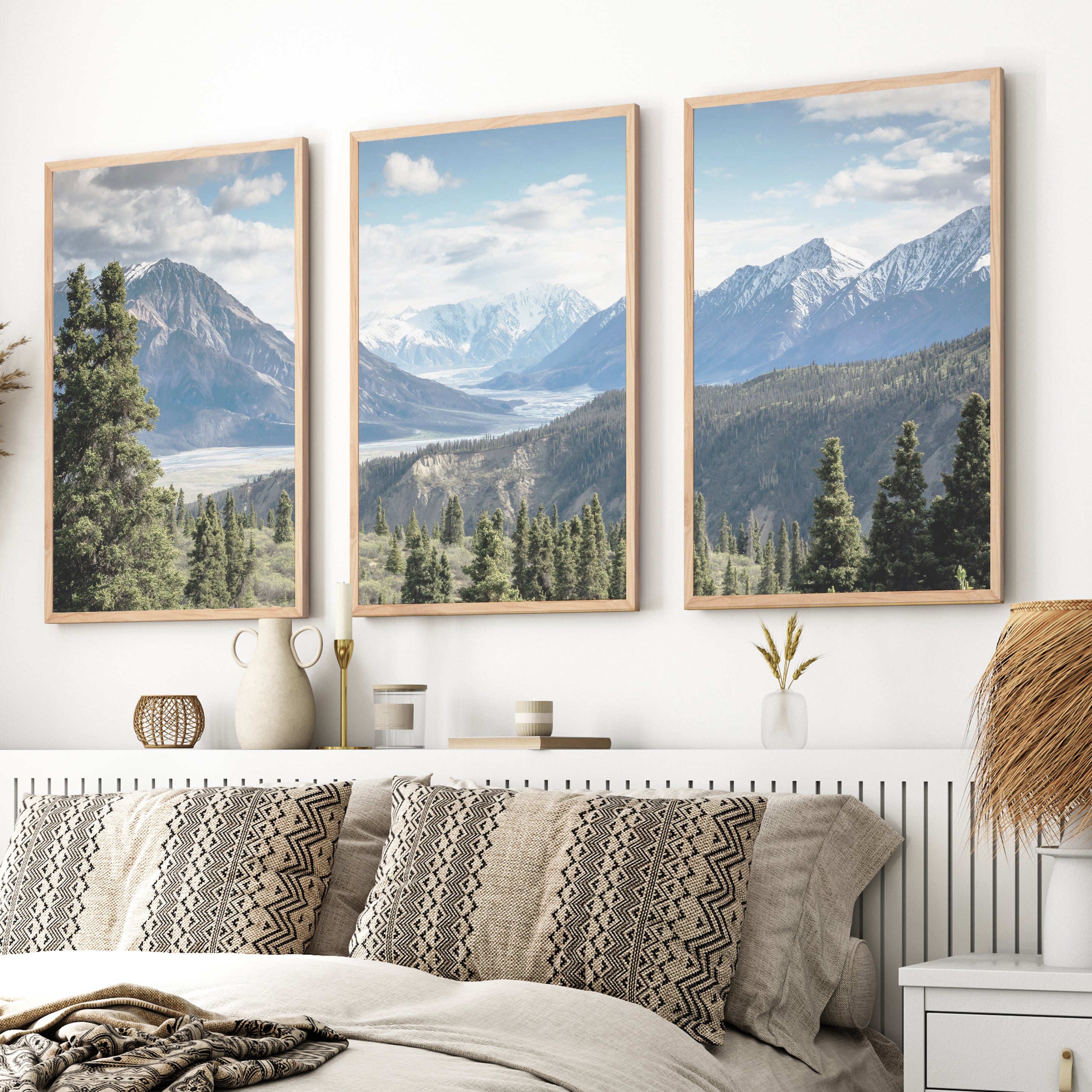Kluane National Park Wilderness Nature Triptych. Mountains Prints - Natural Wood Framed Poster No Border - Artworksets