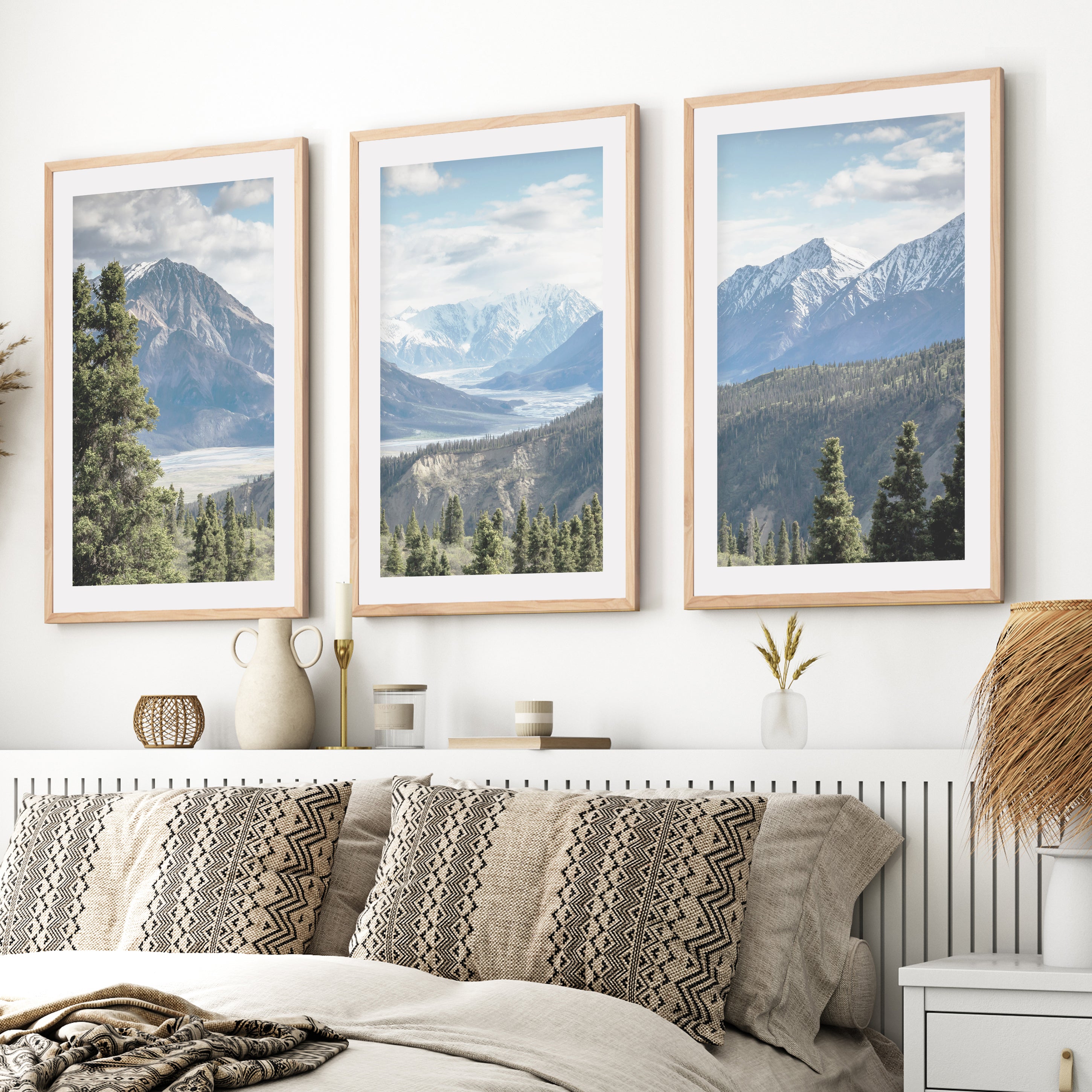 Kluane National Park Wilderness Nature Triptych. Mountains Prints- Natural Wood Framed Poster with White Border - Artworksets