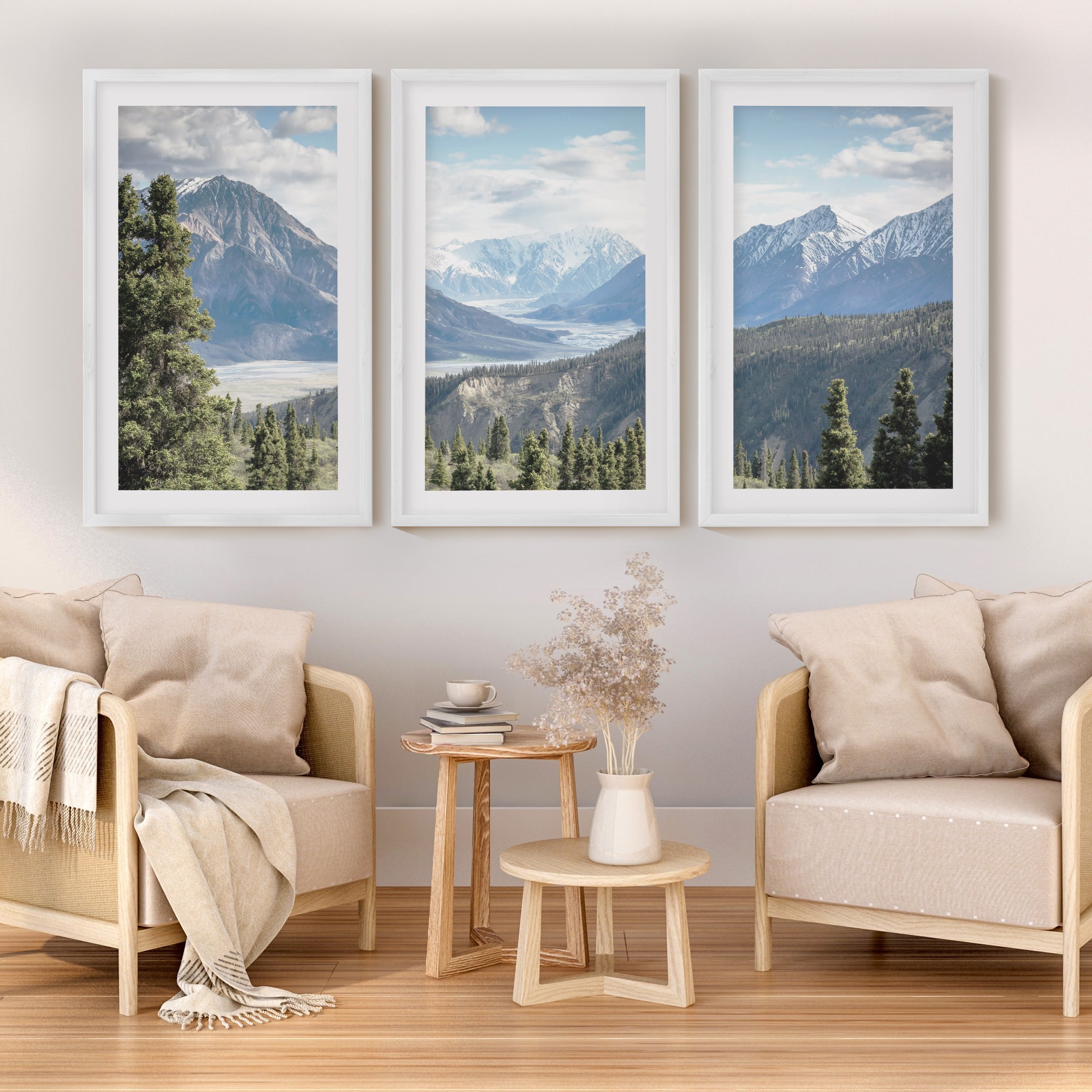 Kluane National Park Wilderness Nature Triptych. Mountains Prints - White Framed Poster with White Border - Artworksets