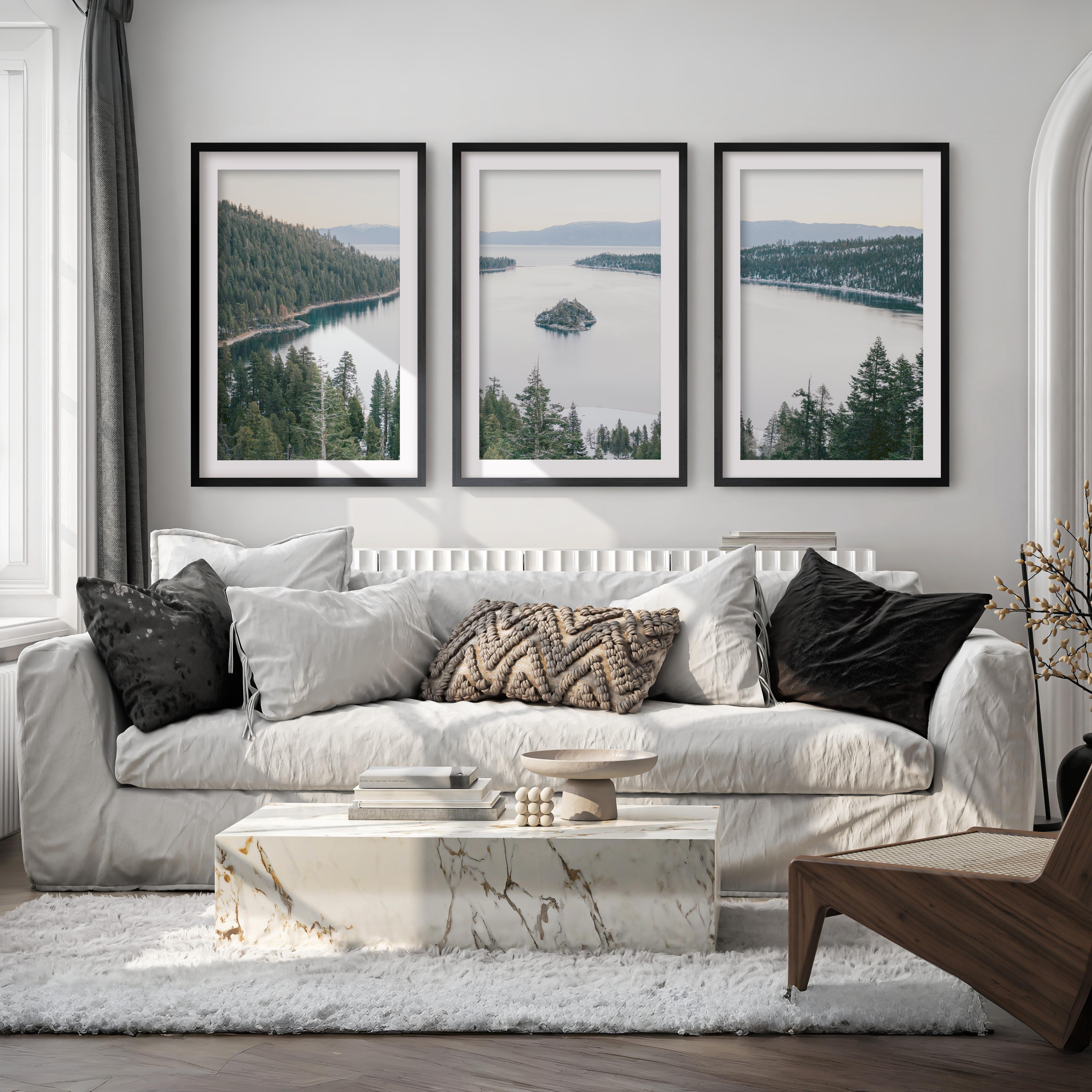 Lake Tahoe Sierra Nevada – 3 Piece Wall Art Set - Black Framed Poster with White Border - Artworksets