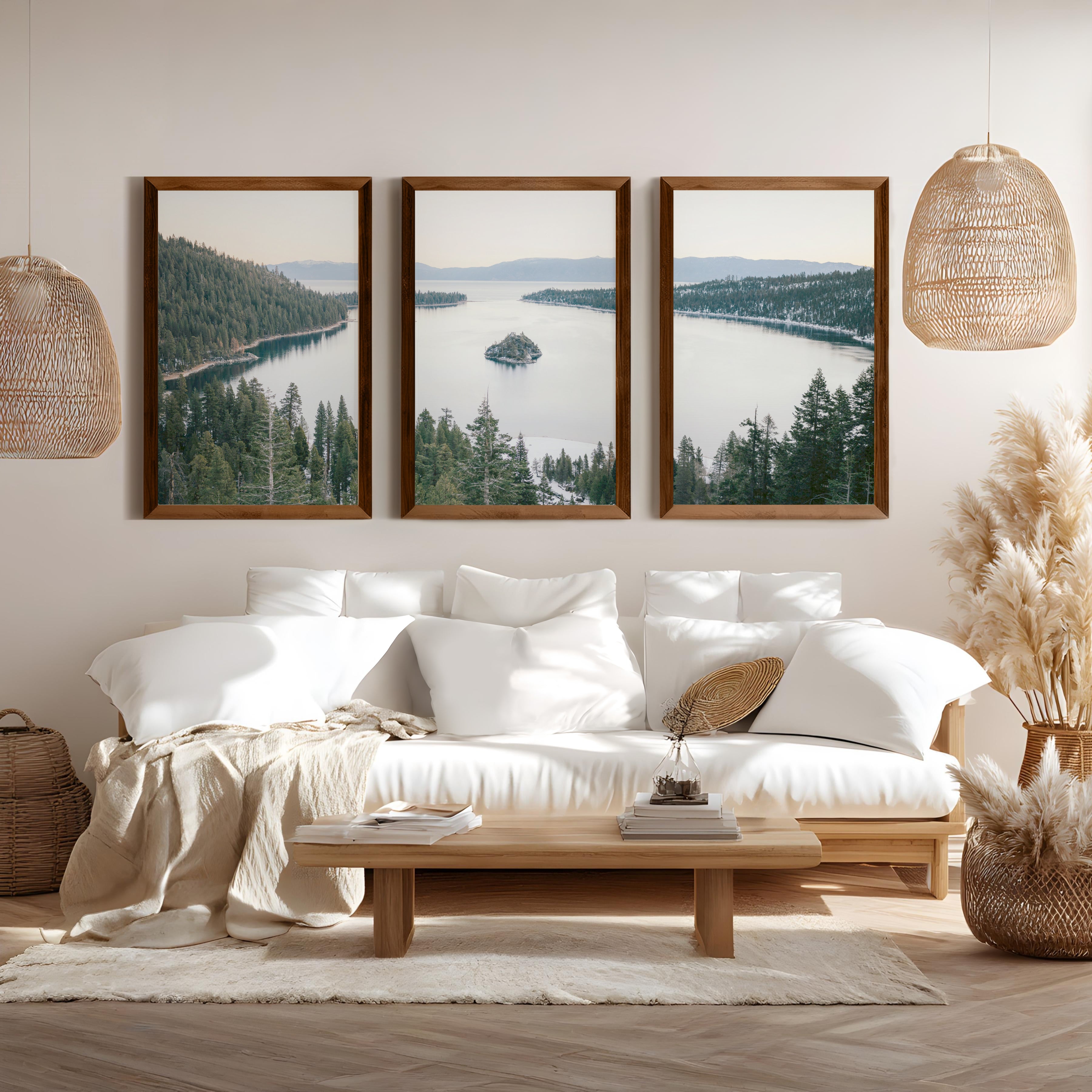 Lake Tahoe Sierra Nevada – 3 Piece Wall Art Set - Dark Brown Framed Poster No Border - Artworksets