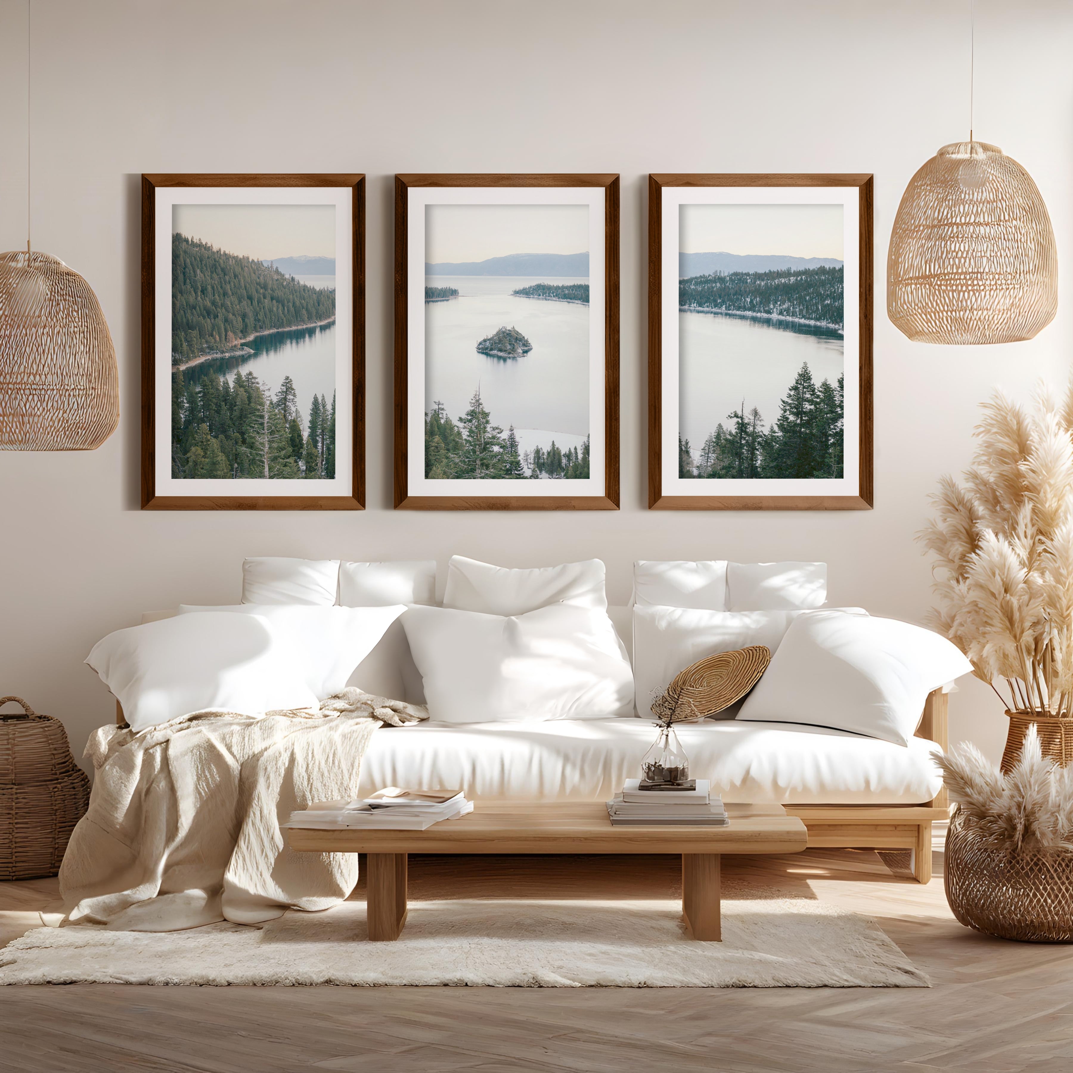 Lake Tahoe Sierra Nevada – 3 Piece Wall Art Set - Dark Brown Framed Poster with White Border - Artworksets