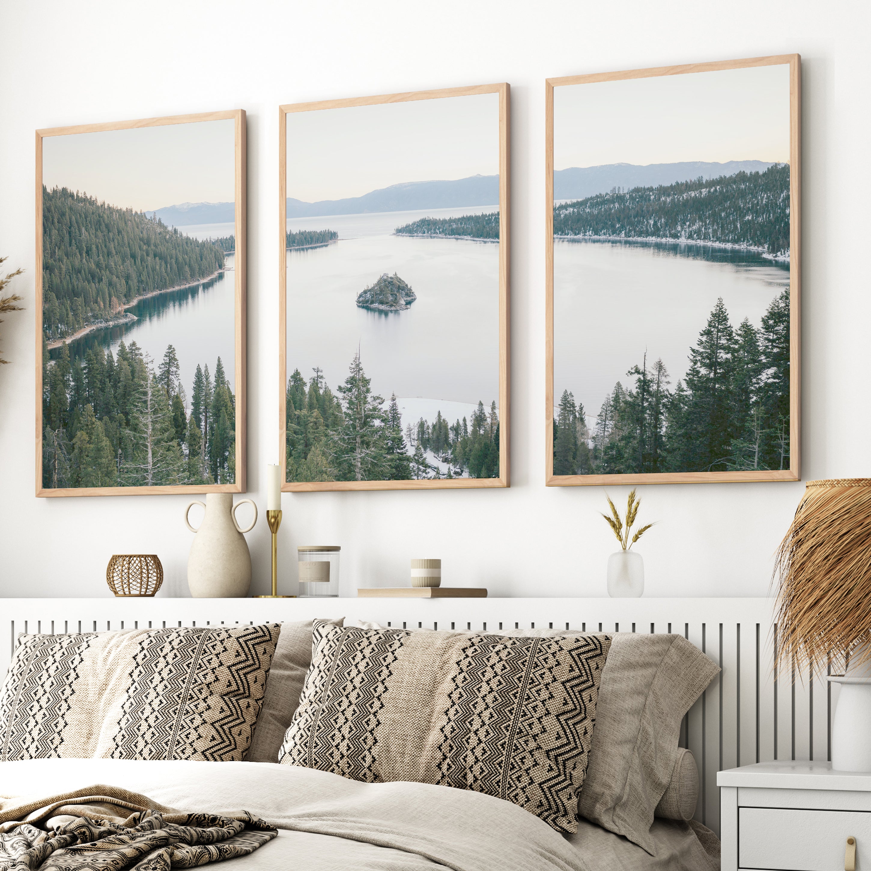 Lake Tahoe Sierra Nevada – 3 Piece Wall Art Set - Natural Wood Framed Poster No Border - Artworksets