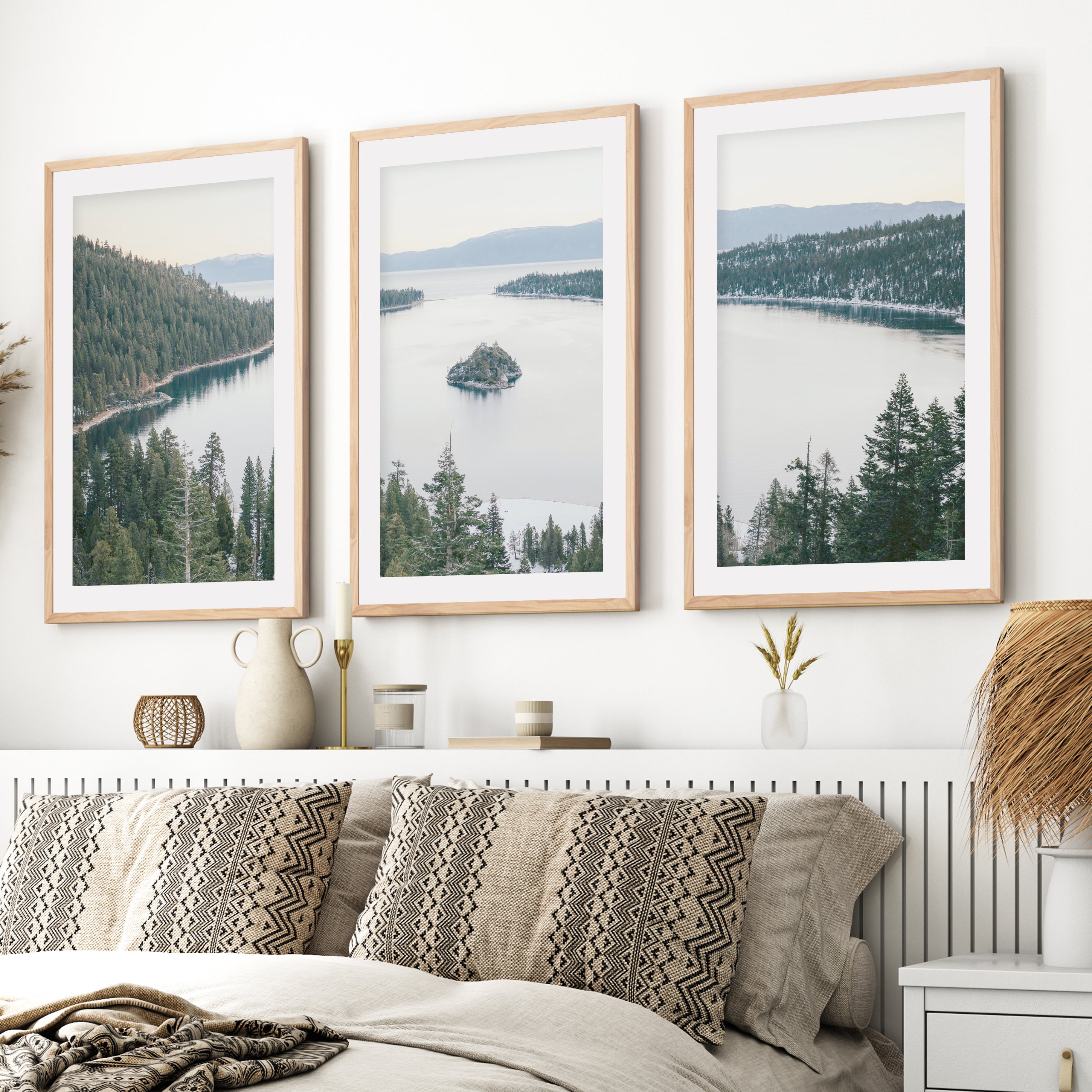 Lake Tahoe Sierra Nevada – 3 Piece Wall Art Set- Natural Wood Framed Poster with White Border - Artworksets