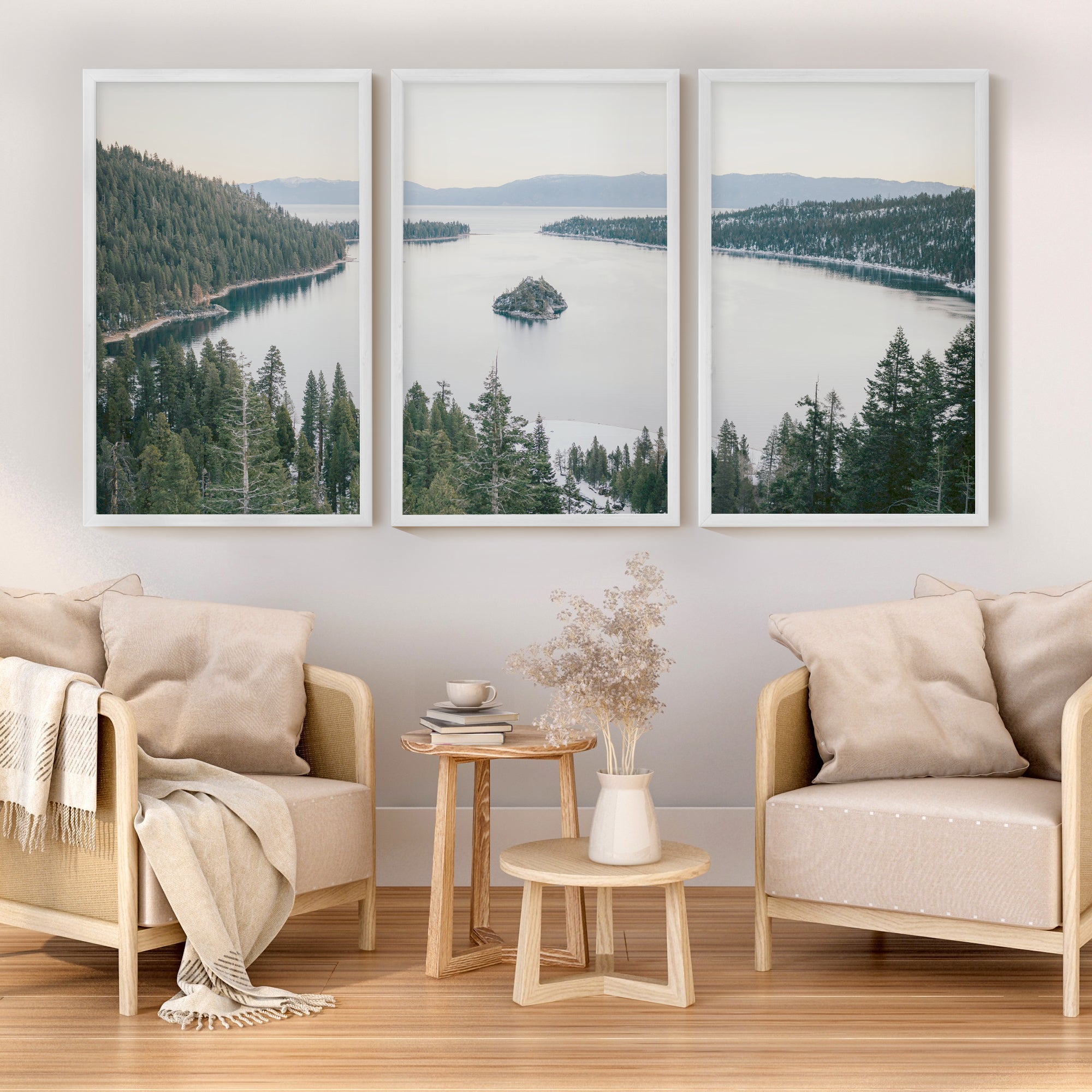 Lake Tahoe Sierra Nevada – 3 Piece Wall Art Set - White Framed Poster No Border - Artworksets
