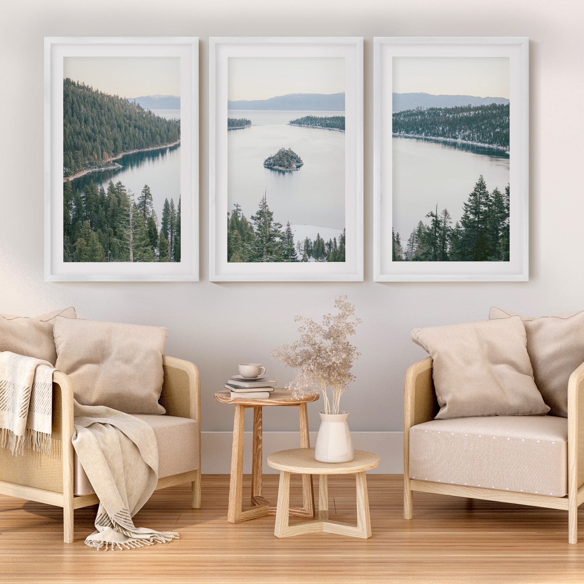 Lake Tahoe Sierra Nevada – 3 Piece Wall Art Set - White Framed Poster with White Border - Artworksets