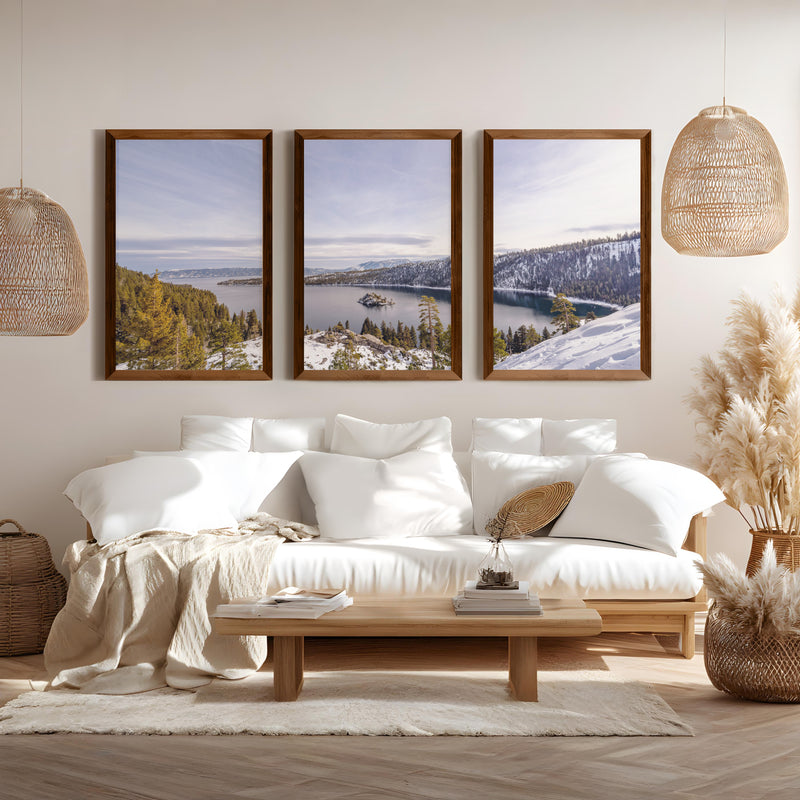 Lake Tahoe, Sierra Nevada – Mountain Painting Wall Art Prints - Dark Brown Framed Poster No Border - Artworksets
