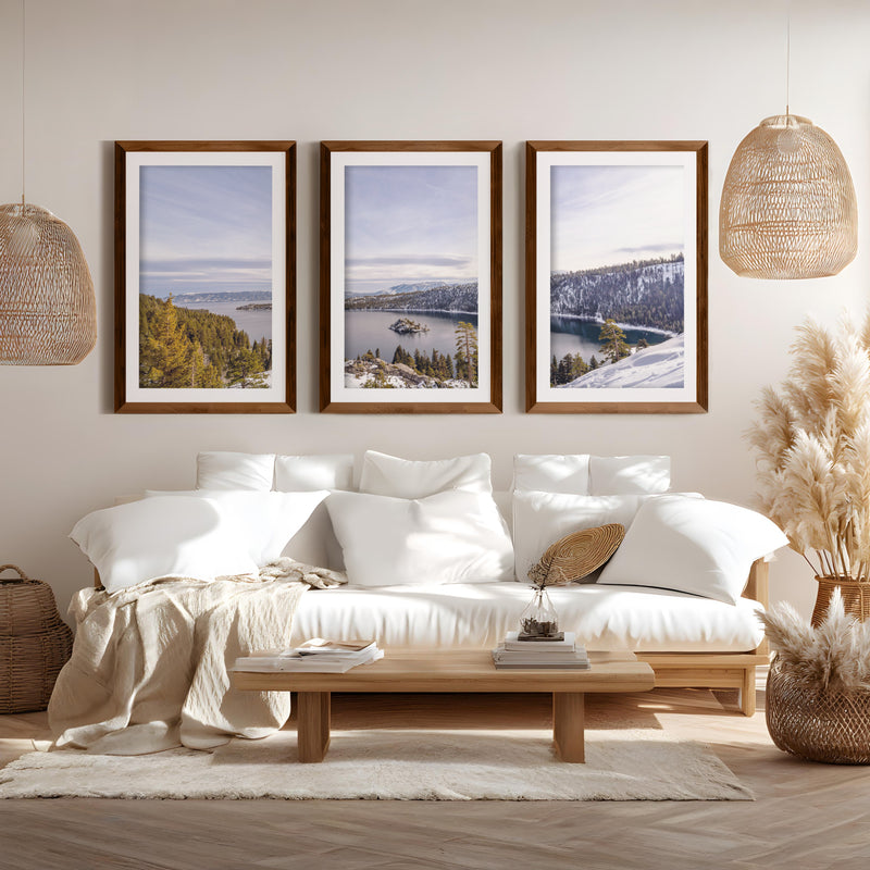 Lake Tahoe, Sierra Nevada – Mountain Painting Wall Art Prints - Dark Brown Framed Poster with White Border - Artworksets