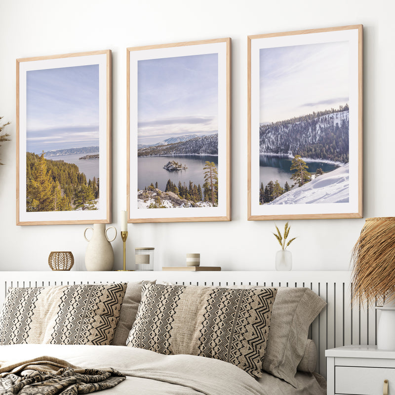 Lake Tahoe, Sierra Nevada – Mountain Painting Wall Art Prints- Natural Wood Framed Poster with White Border - Artworksets