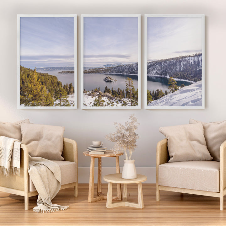 Lake Tahoe, Sierra Nevada – Mountain Painting Wall Art Prints - White Framed Poster No Border - Artworksets
