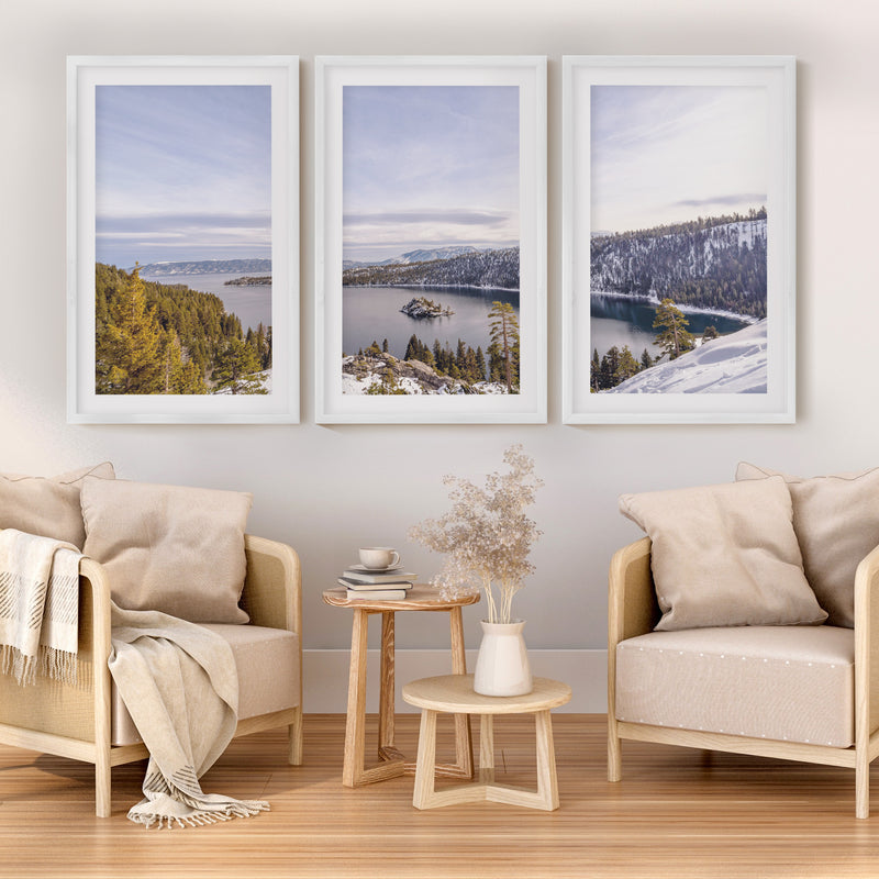 Lake Tahoe, Sierra Nevada – Mountain Painting Wall Art Prints - White Framed Poster with White Border - Artworksets