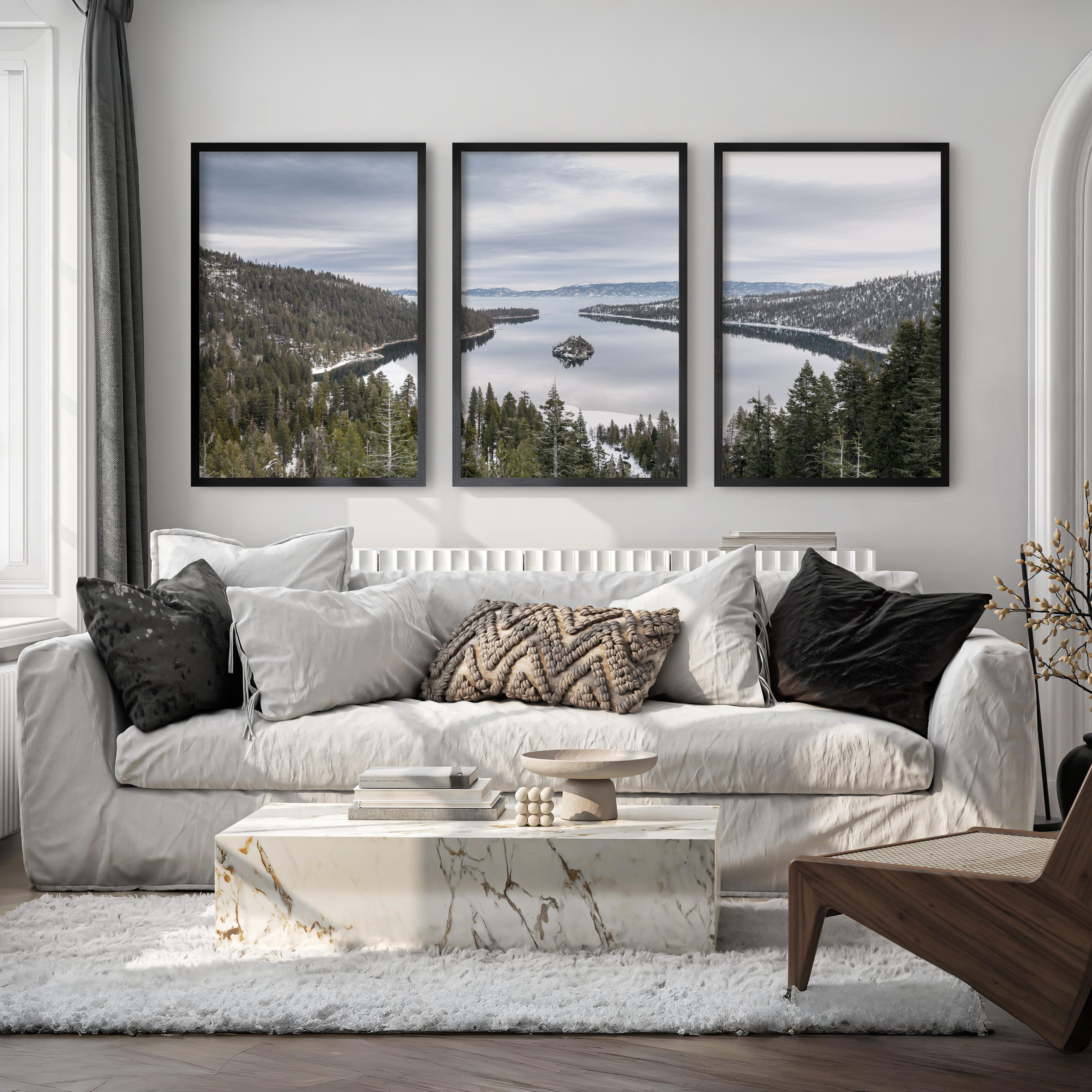 Lake Tahoe, Sierra Nevada Triptych – Mountain Wall Art Set of 3 - Black Framed Poster No Border - Artworksets