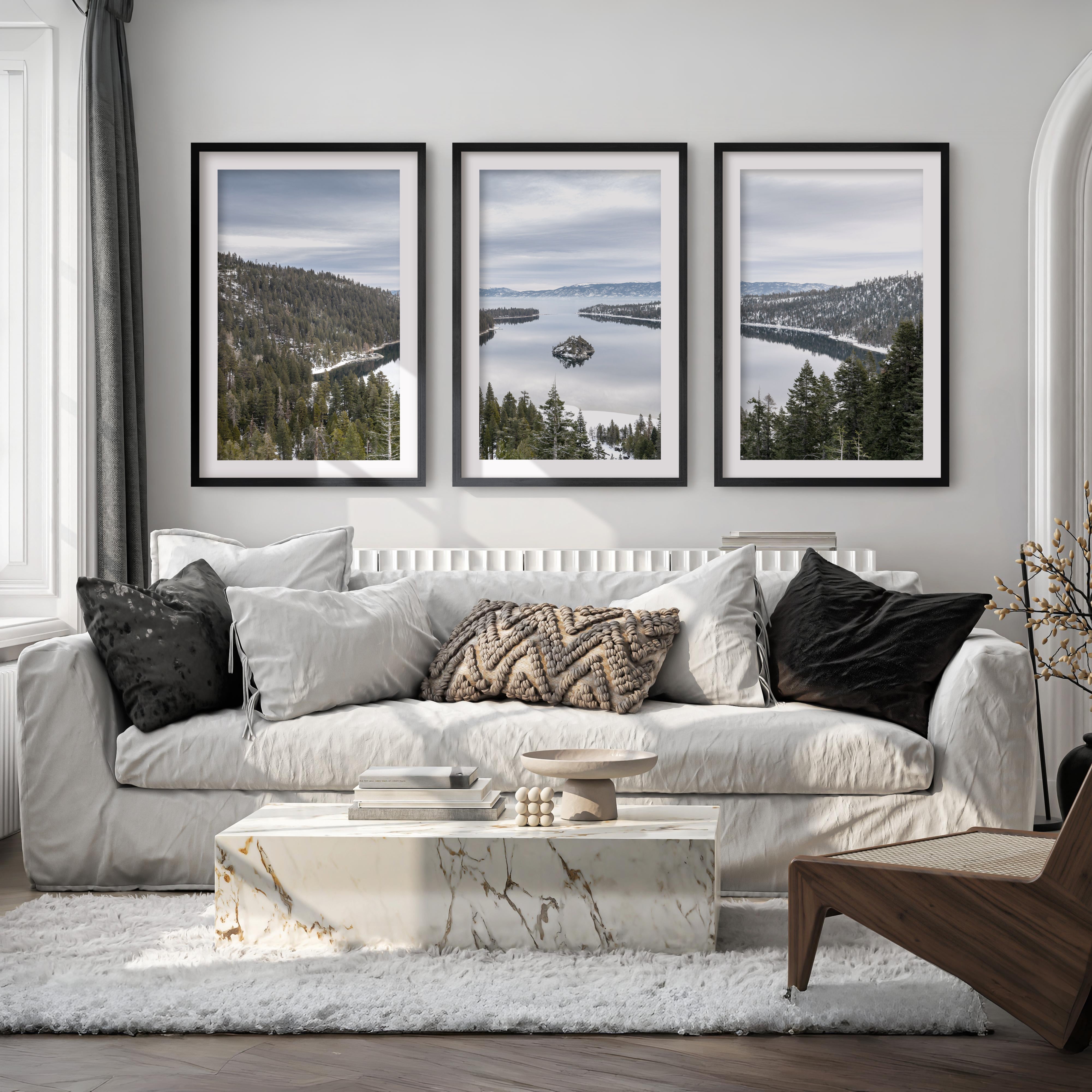 Lake Tahoe, Sierra Nevada Triptych – Mountain Wall Art Set of 3 - Black Framed Poster with White Border - Artworksets