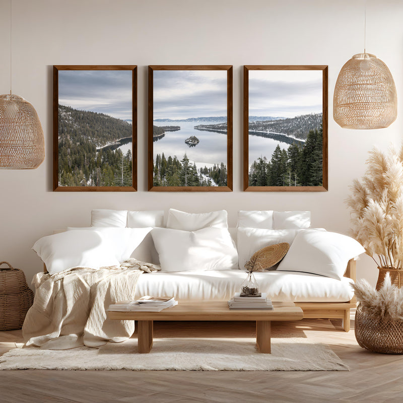 Lake Tahoe, Sierra Nevada Triptych – Mountain Wall Art Set of 3 - Dark Brown Framed Poster No Border - Artworksets