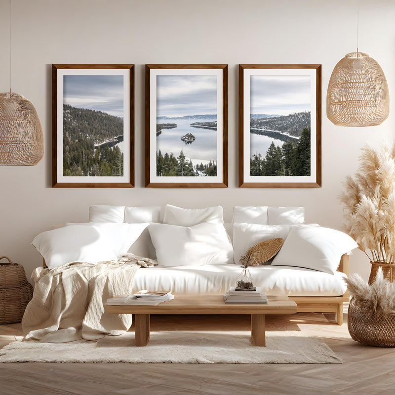 Lake Tahoe, Sierra Nevada Triptych – Mountain Wall Art Set of 3 - Dark Brown Framed Poster with White Border - Artworksets