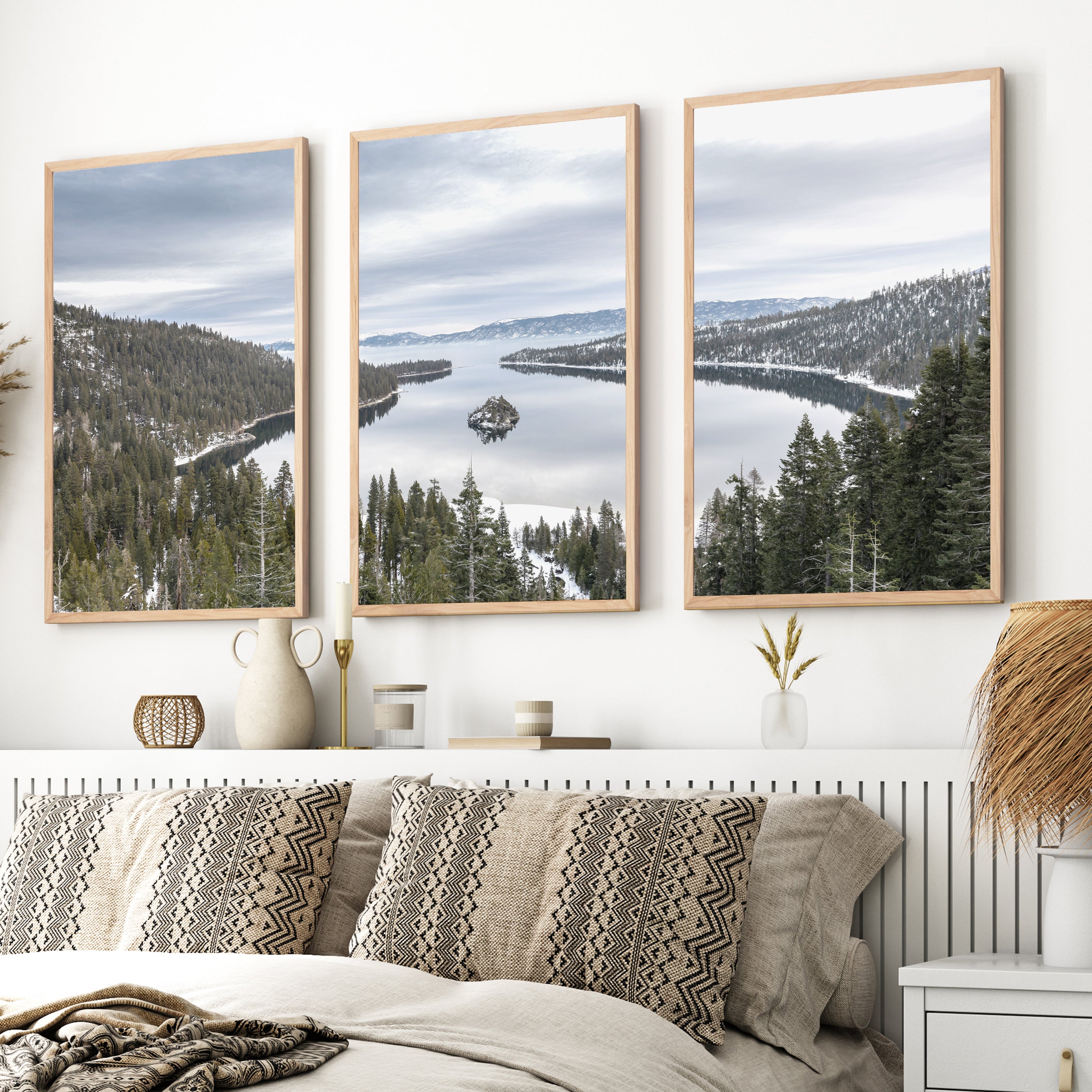 Lake Tahoe, Sierra Nevada Triptych – Mountain Wall Art Set of 3 - Natural Wood Framed Poster No Border - Artworksets