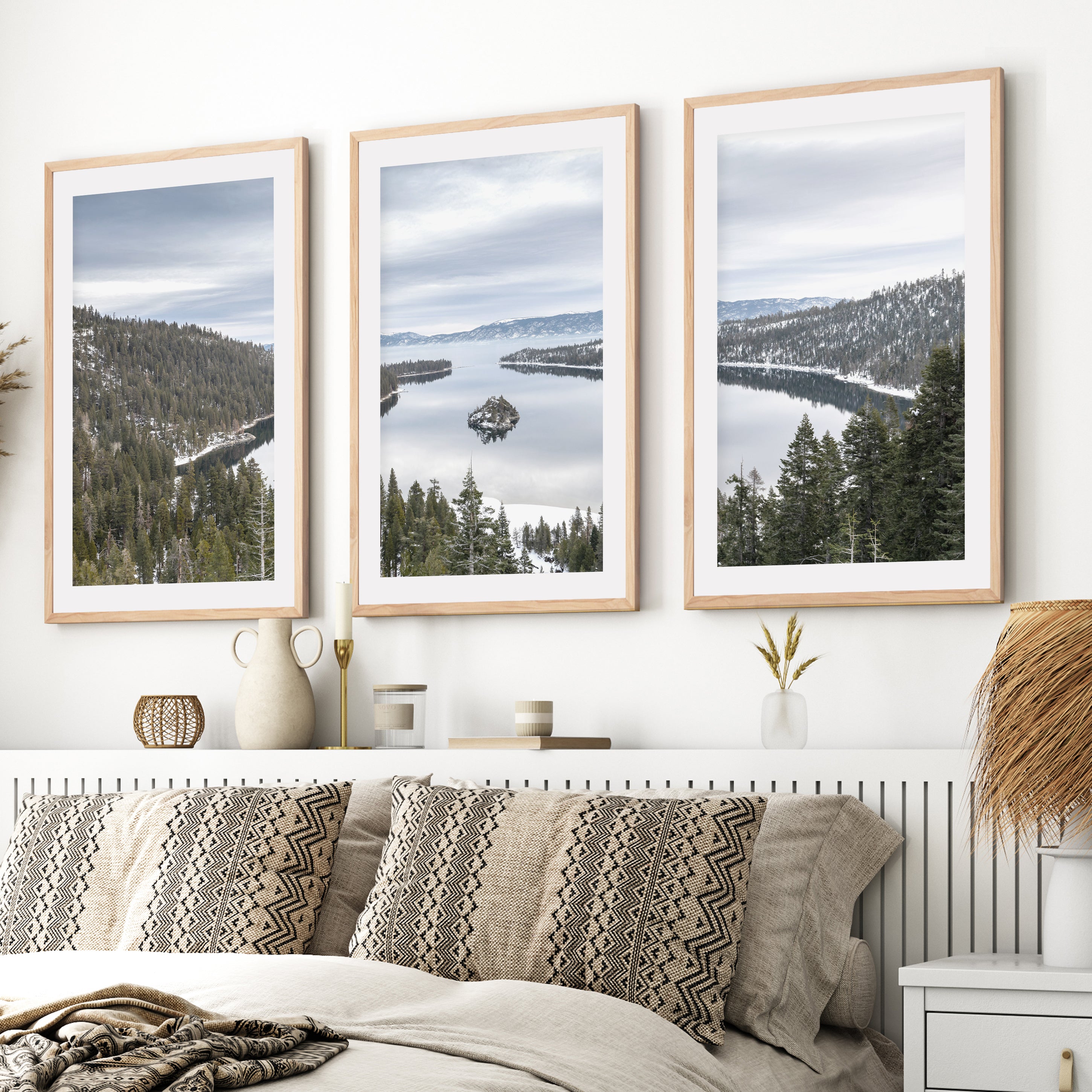 Lake Tahoe, Sierra Nevada Triptych – Mountain Wall Art Set of 3- Natural Wood Framed Poster with White Border - Artworksets